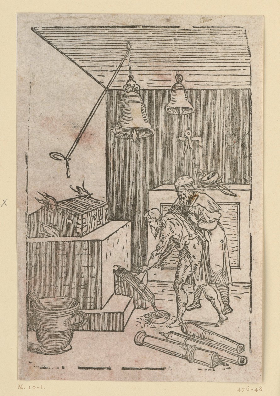 Het gieten van klokken en kanonnen. Uit de reeks „De re metallica“. door Domenico Beccafumi