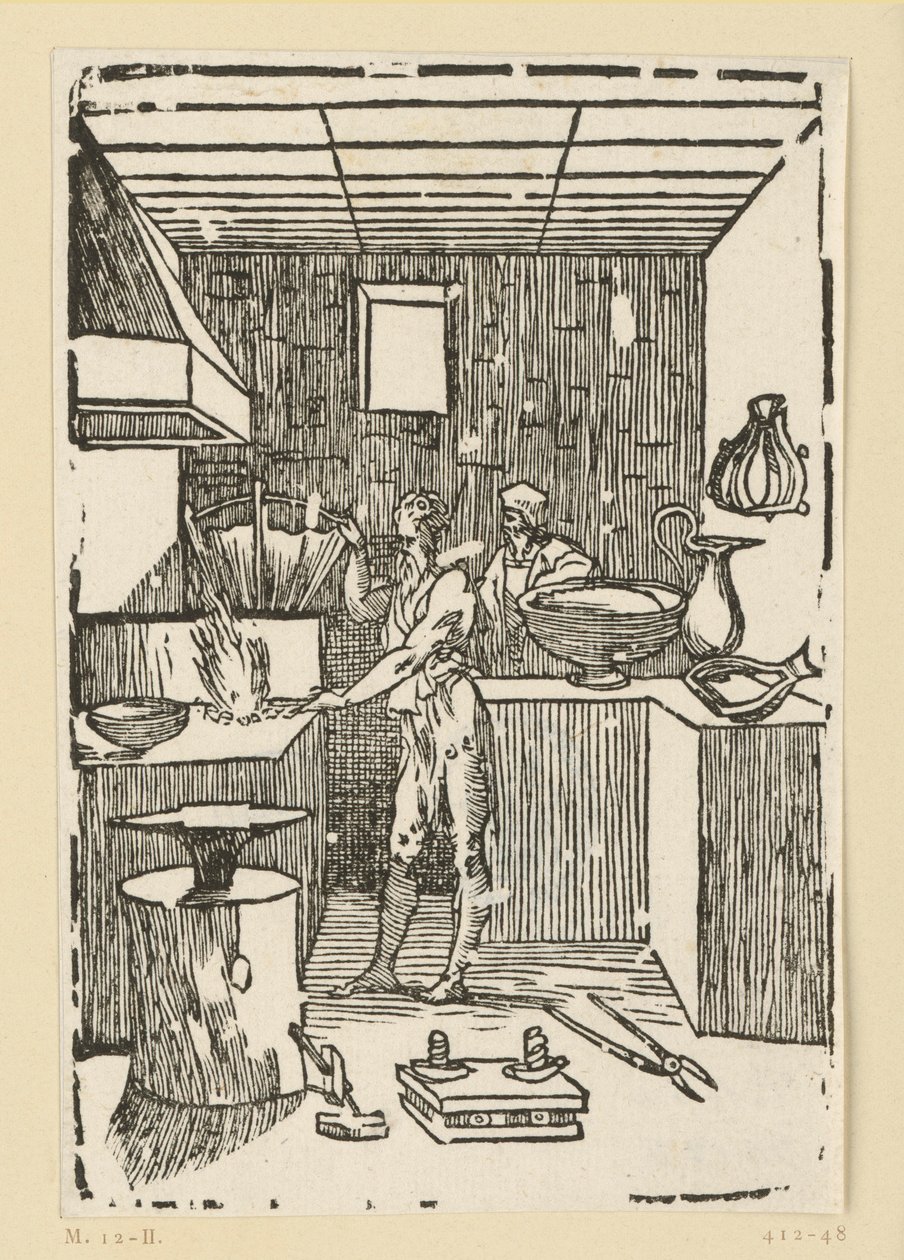 De goud- of zilversmid. Uit de reeks "De re metallica". door Domenico Beccafumi