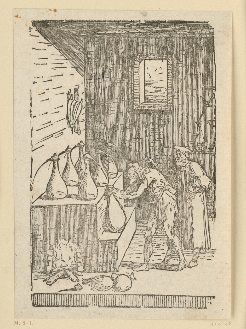 De distillatie door de chemicus of alchemist. Uit de reeks "De re metallica". door Domenico Beccafumi