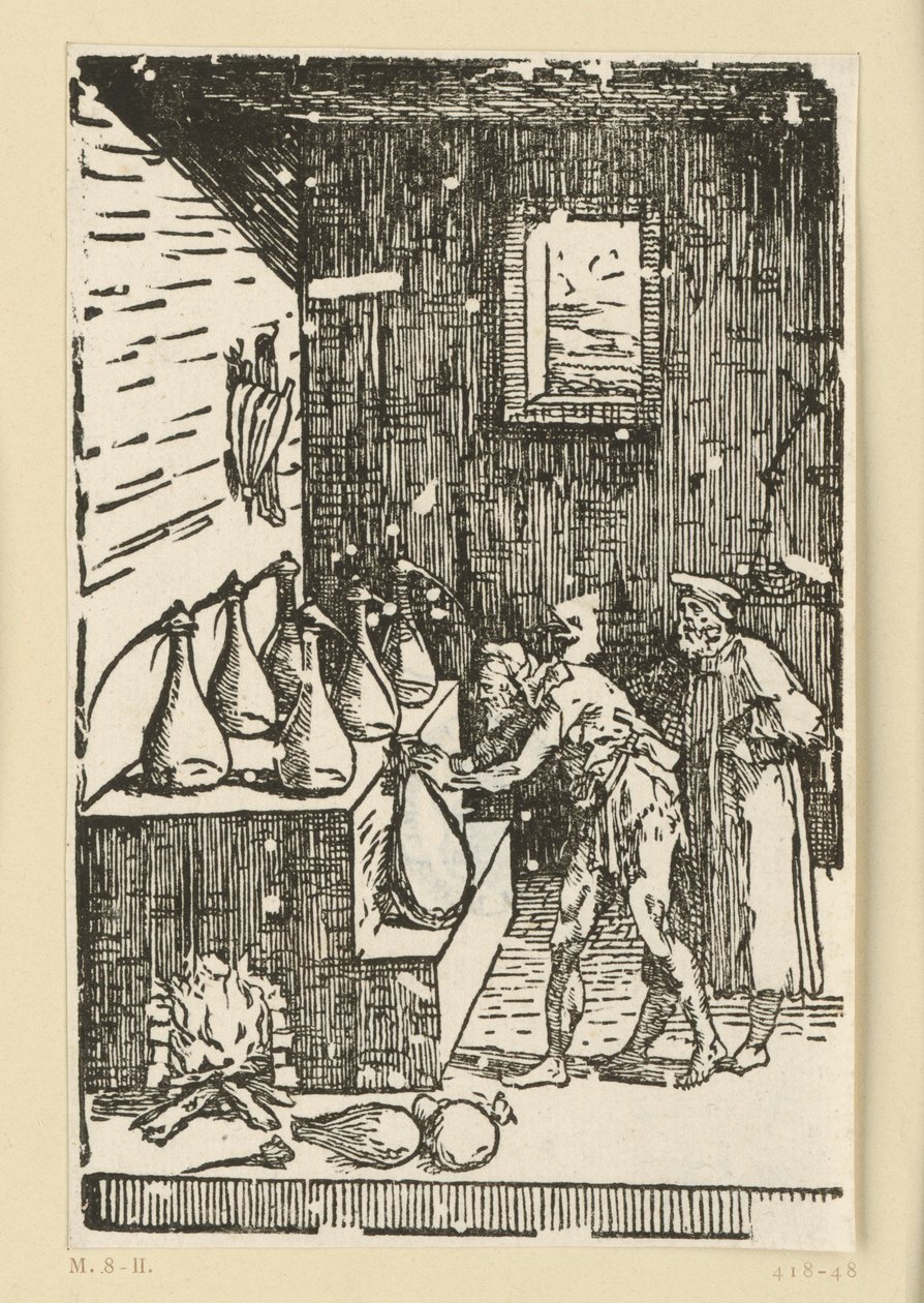 De distillatie door de chemicus of alchemist. Uit de reeks "De re metallica". door Domenico Beccafumi