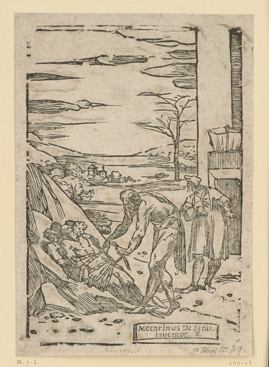 De metalen worden voor verwerking vervoerd. Hephaistos (Vulcanus) brengt de metalen, die nog in bundels op de berg liggen, naar de smederij. Uit de serie „De re metallica“. door Domenico Beccafumi