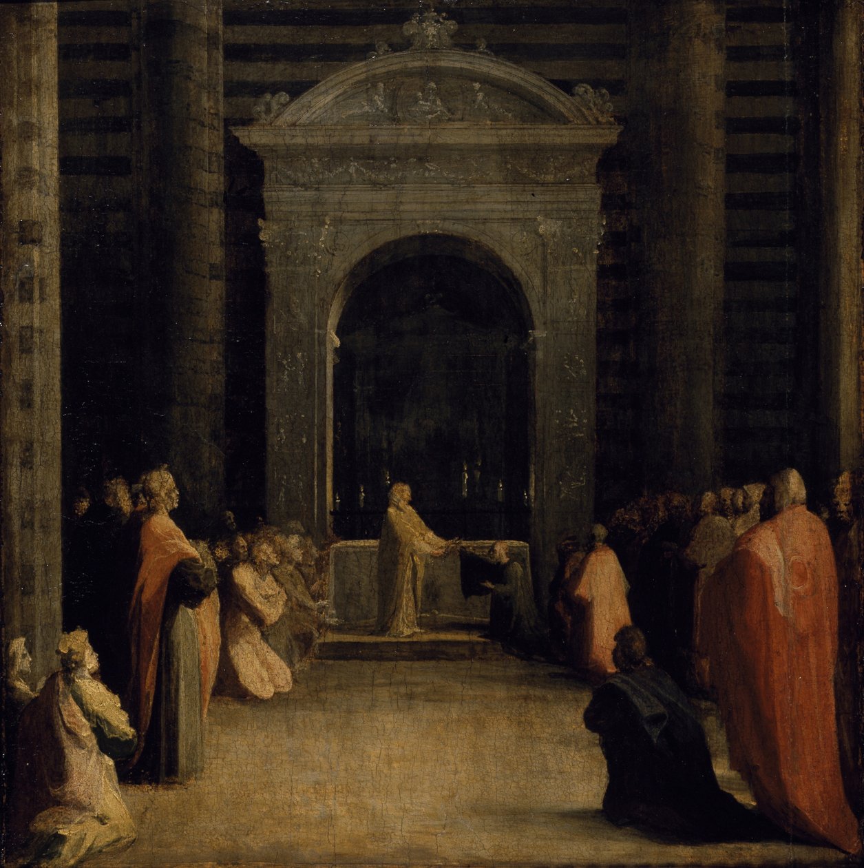 De aanbieding van de sleutels van de stad Siena aan de Maagd, op of na 1526 door Domenico Beccafumi