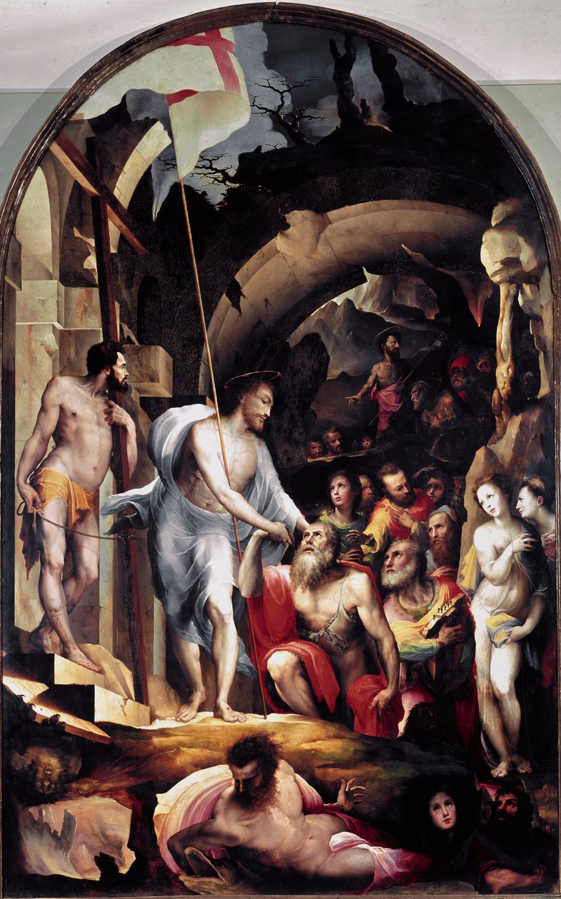 De afdaling van Christus naar het voorgeborchte. Hij houdt een witte banier met een rood kruis, een symbool van de Opstanding door Domenico Beccafumi