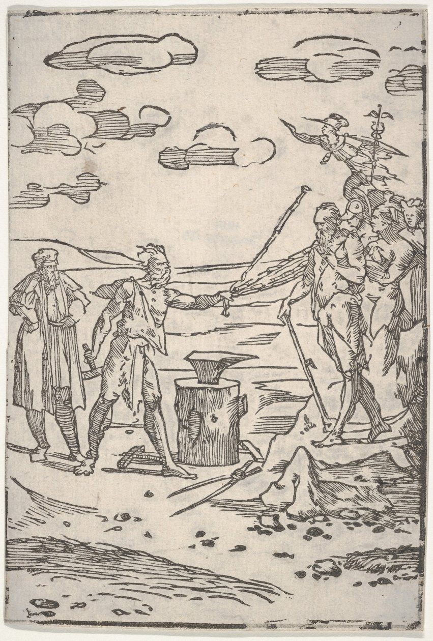 De vervalser staande bij een aambeeld trekt een man in kettingen, uit de serie De var..., ca. 1540-1550 door Domenico di Pace Beccafumi  