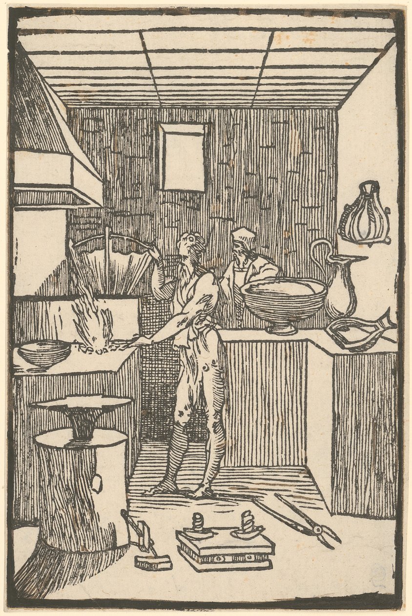 Vulkaan bij de smeltoven tijdens de vervaardiging van kleine voorwerpen, blad 8 van de reeks „De la Pirotechnia“ door Domenico Beccafumi