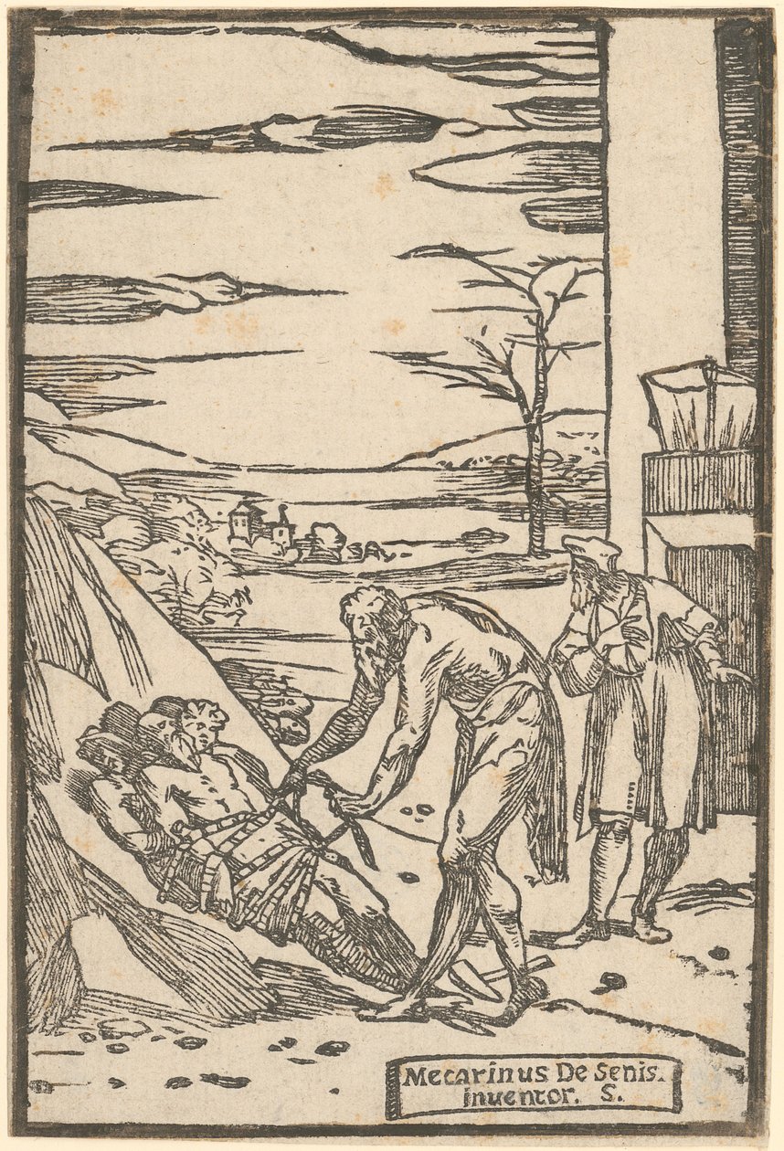 Vulkan ketent de gevangen metalen vast met een ketting, blad 4 van de reeks „De la Pirotechnia“ door Domenico Beccafumi