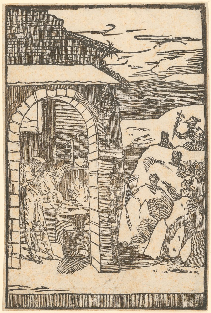 Vulkan en de filosoof (Teoria) werken in de smederij, terwijl buiten de metalen zich in de rotsen verschuilen, blad 1 van de reeks "De la Pirotechnia" door Domenico Beccafumi