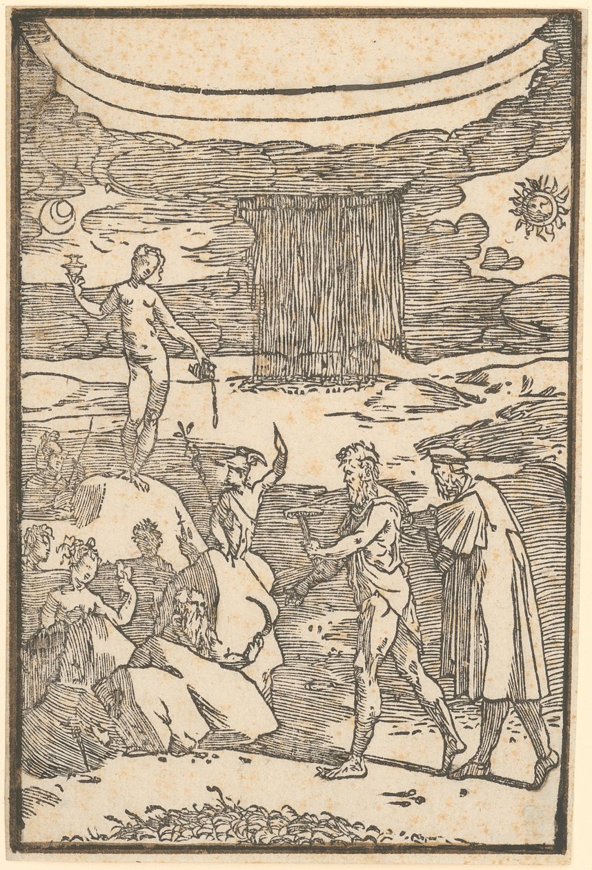 Vulkan en de filosoof (Teoria) gaan op zoek naar de metalen die in rotsen zijn ingesloten, blad 2 van de reeks „De la Pirotechnia“ door Domenico Beccafumi