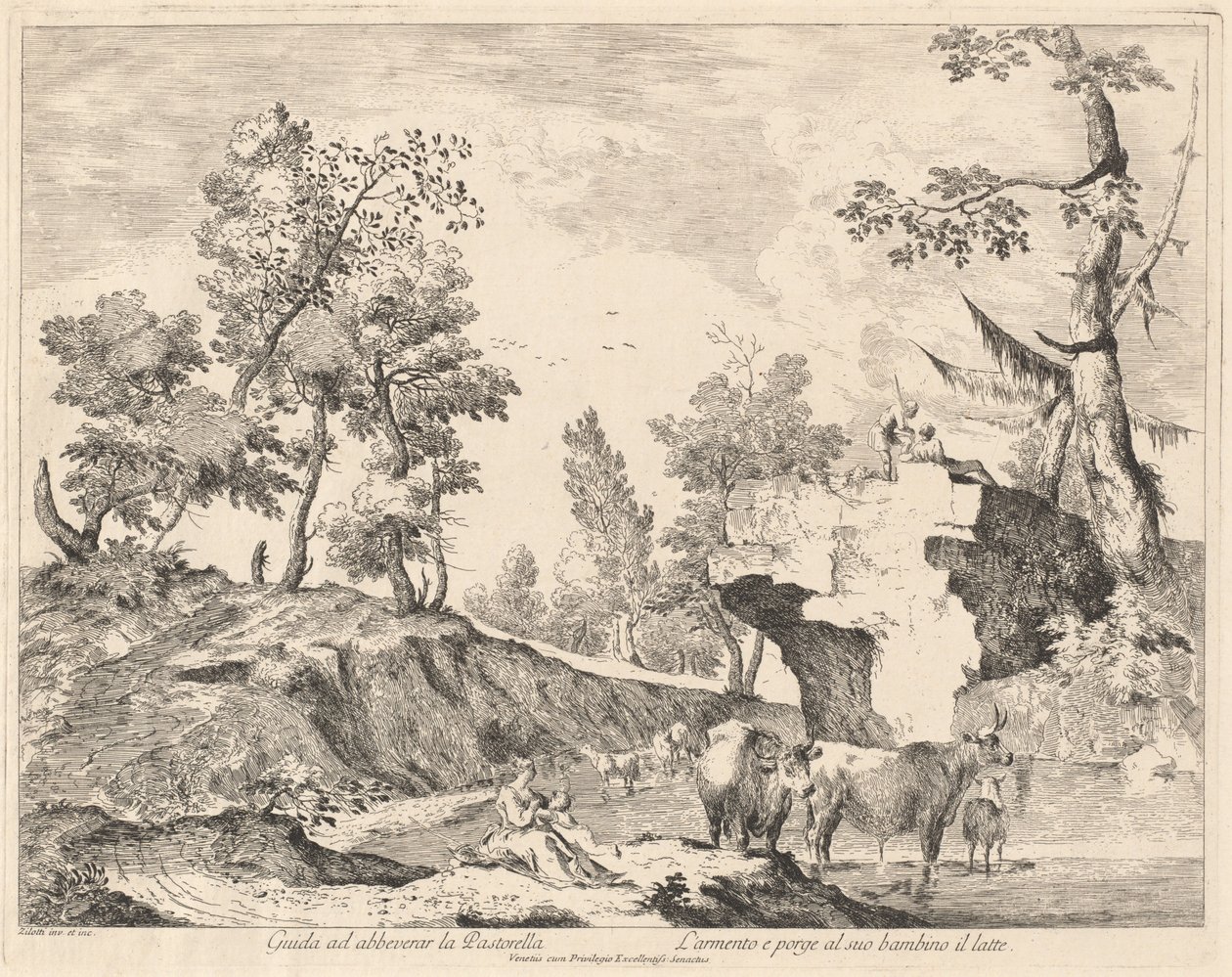 Landschap met herderin en kudde bij een waterplaats door Domenico Bernardo Zilotti