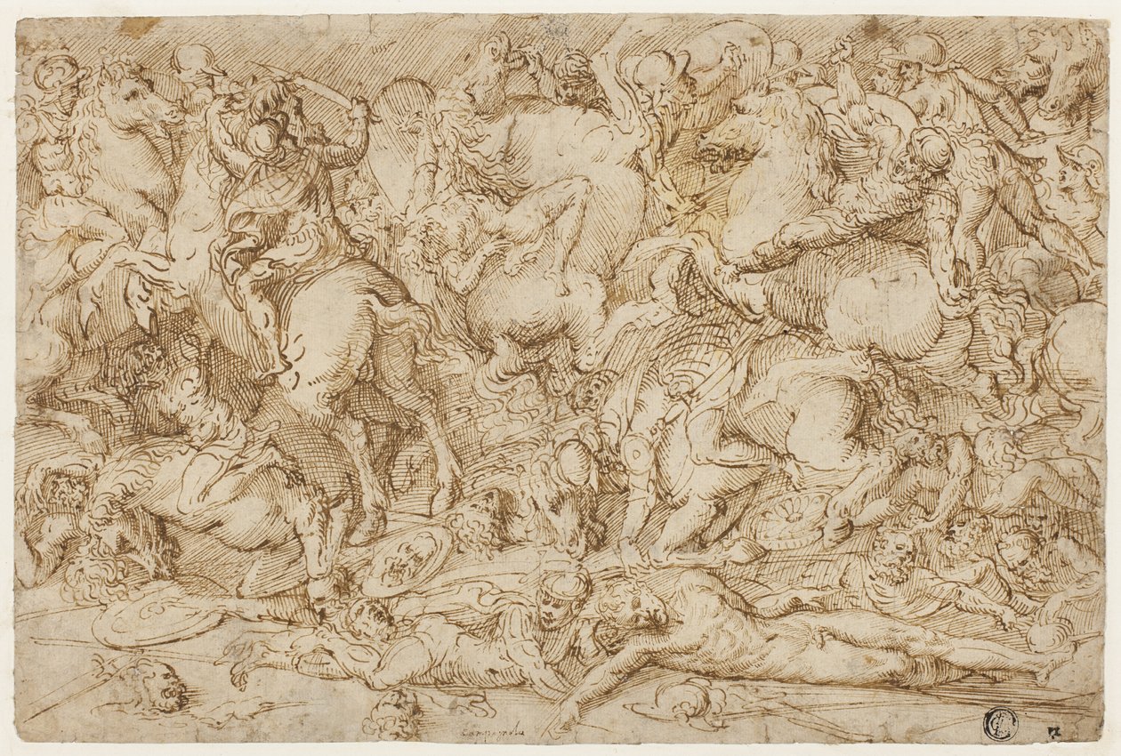 Gevechtsscène met paarden en mannen door Domenico Campagnola