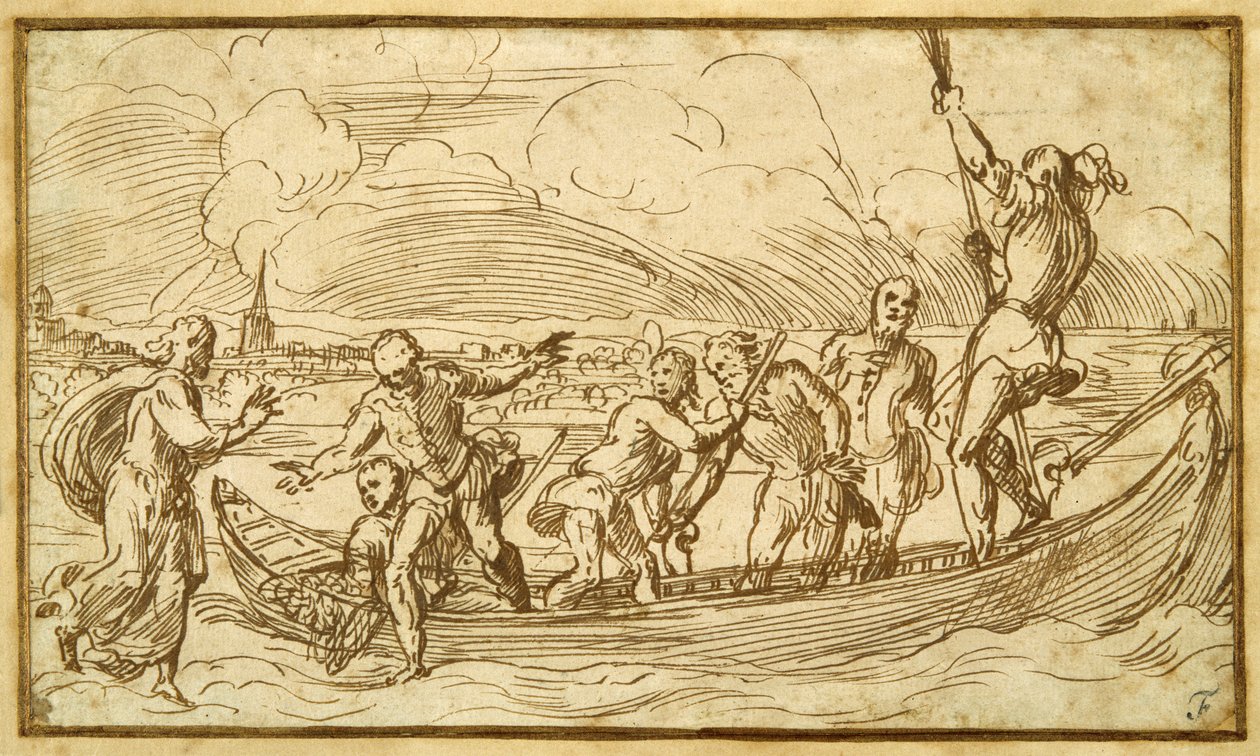 Christus en St. Peter lopend op het water door Domenico Campagnola