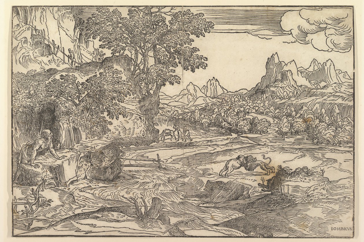 Landschap met Sint Hiëronymus links kijkend naar leeuw en beer vechtend in het midden... door Domenico Campagnola