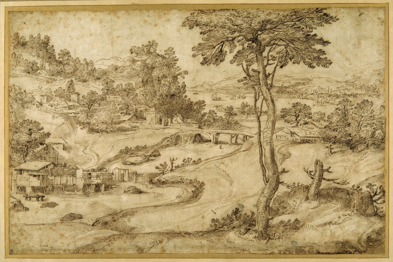 Landschap met een kronkelende rivier door Domenico Campagnola
