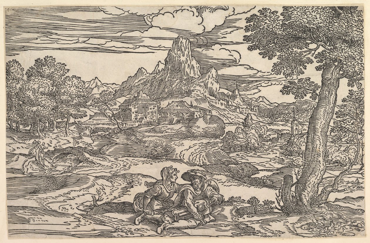 Landschap met een zittende vrouw naast een man die draailier speelt door Domenico Campagnola