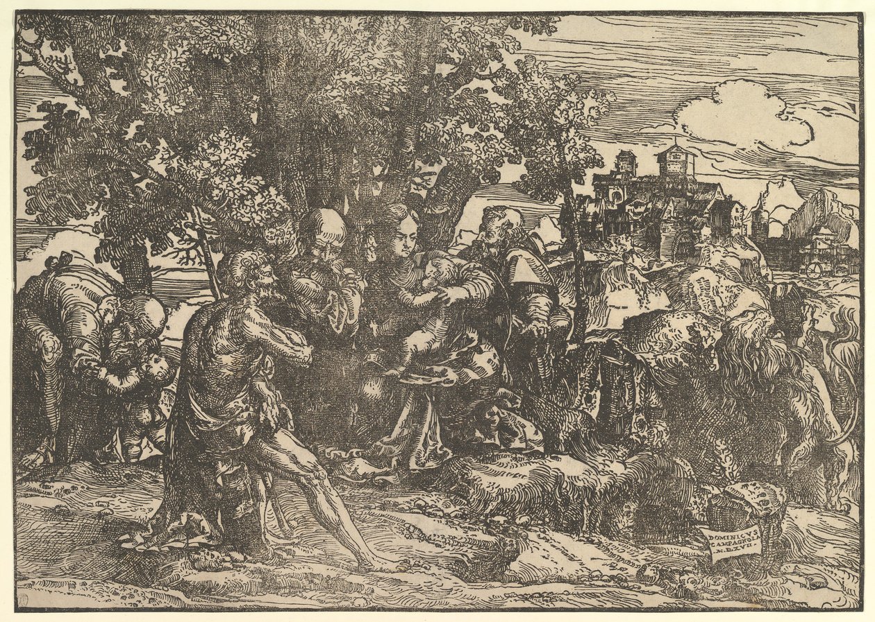 Maria zittend onder bomen met baby, geflankeerd door Jozef links en St. Hiëronymus rechts, St..., 1517. door Domenico Campagnola