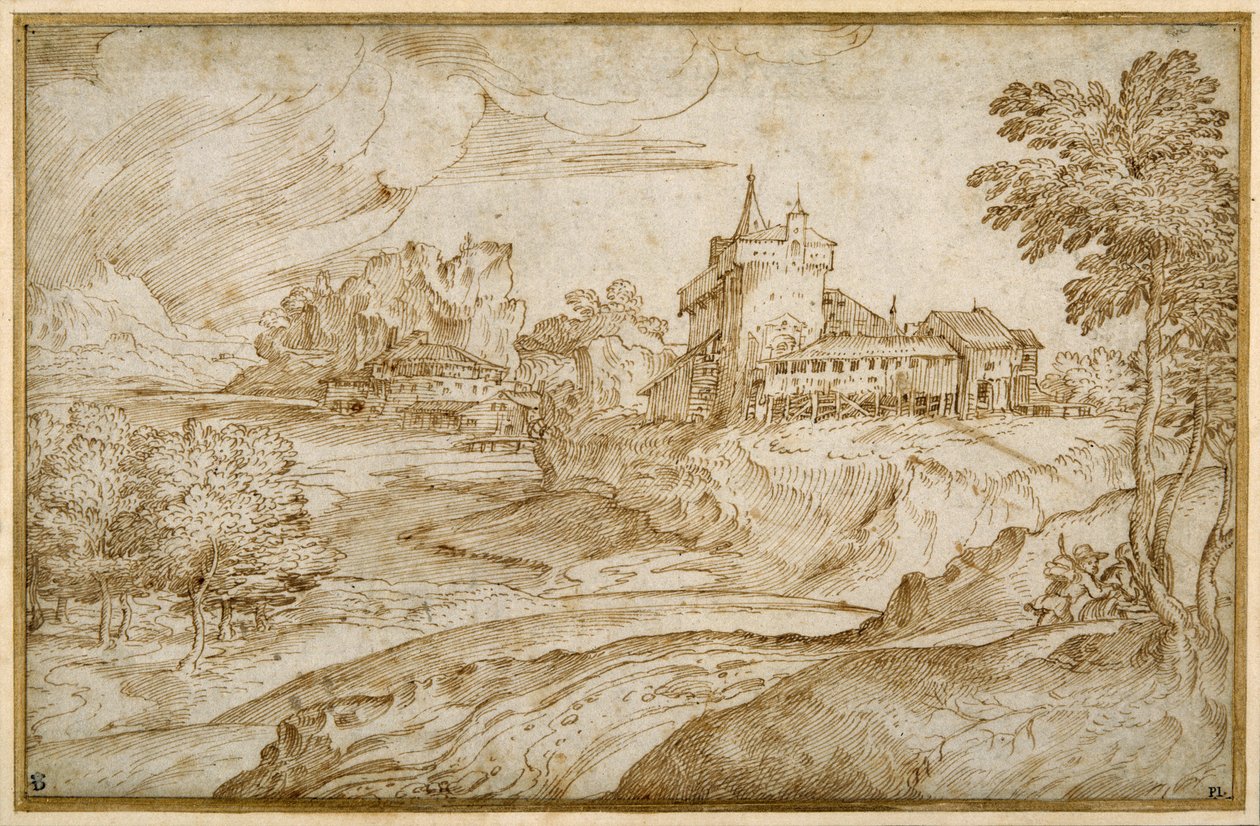 Bergachtig landschap met een kasteel en andere gebouwen bij een rivier; een man die een vrouw haast, ca. 1540 door Domenico Campagnola