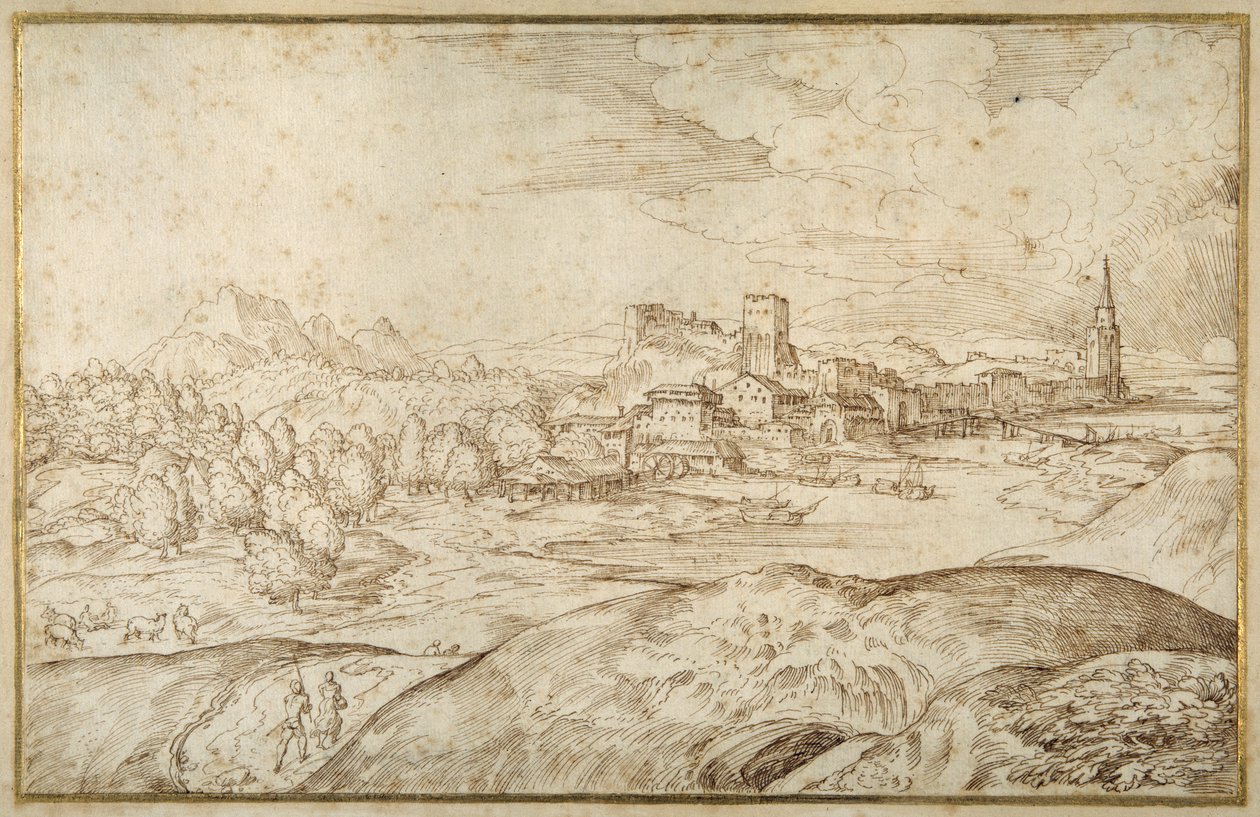 Bergachtig landschap met een rivier en een versterkte stad met een toren met spits door Domenico Campagnola