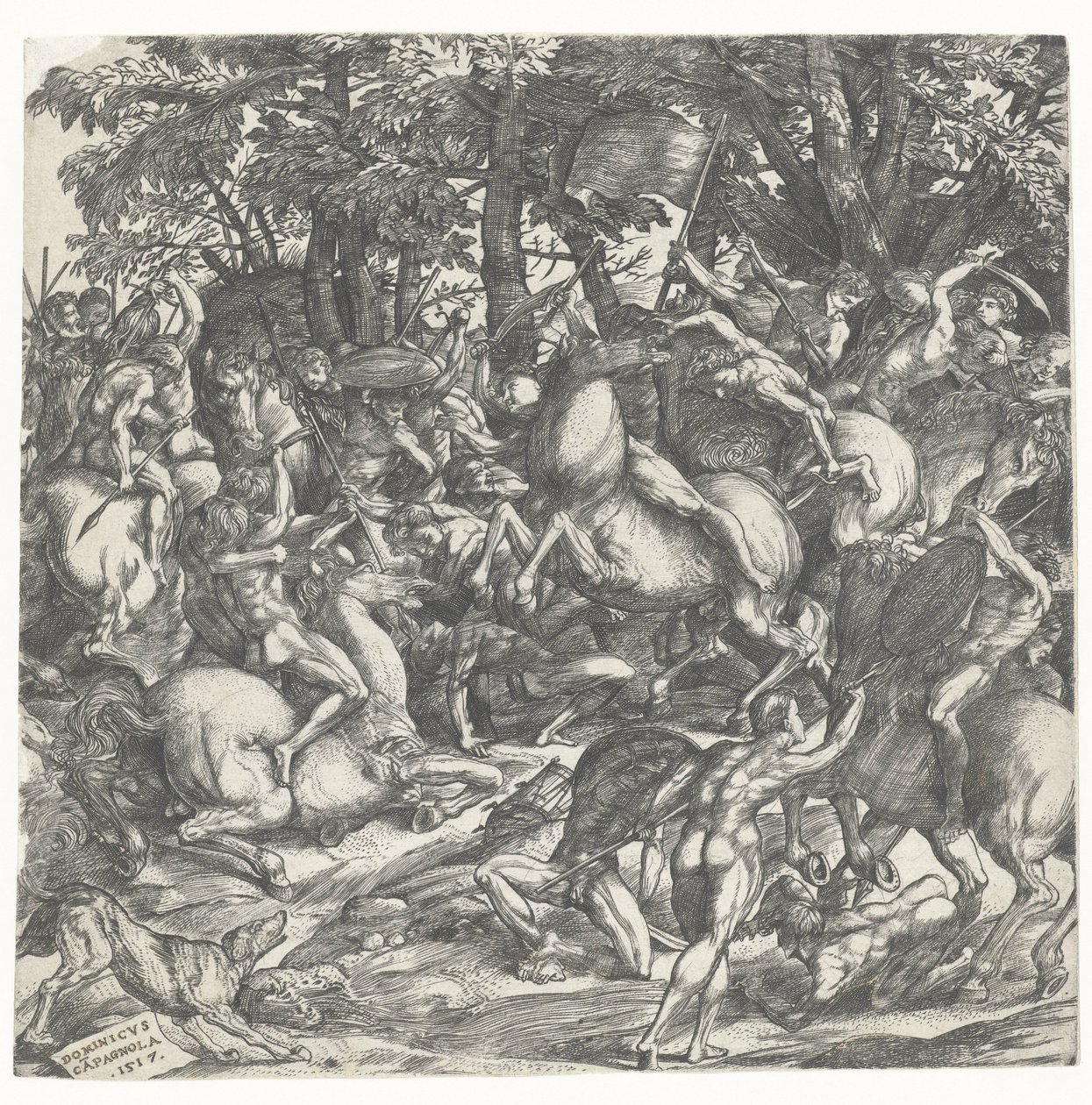 Naakte mannen met speren op paarden in gevecht door Domenico Campagnola