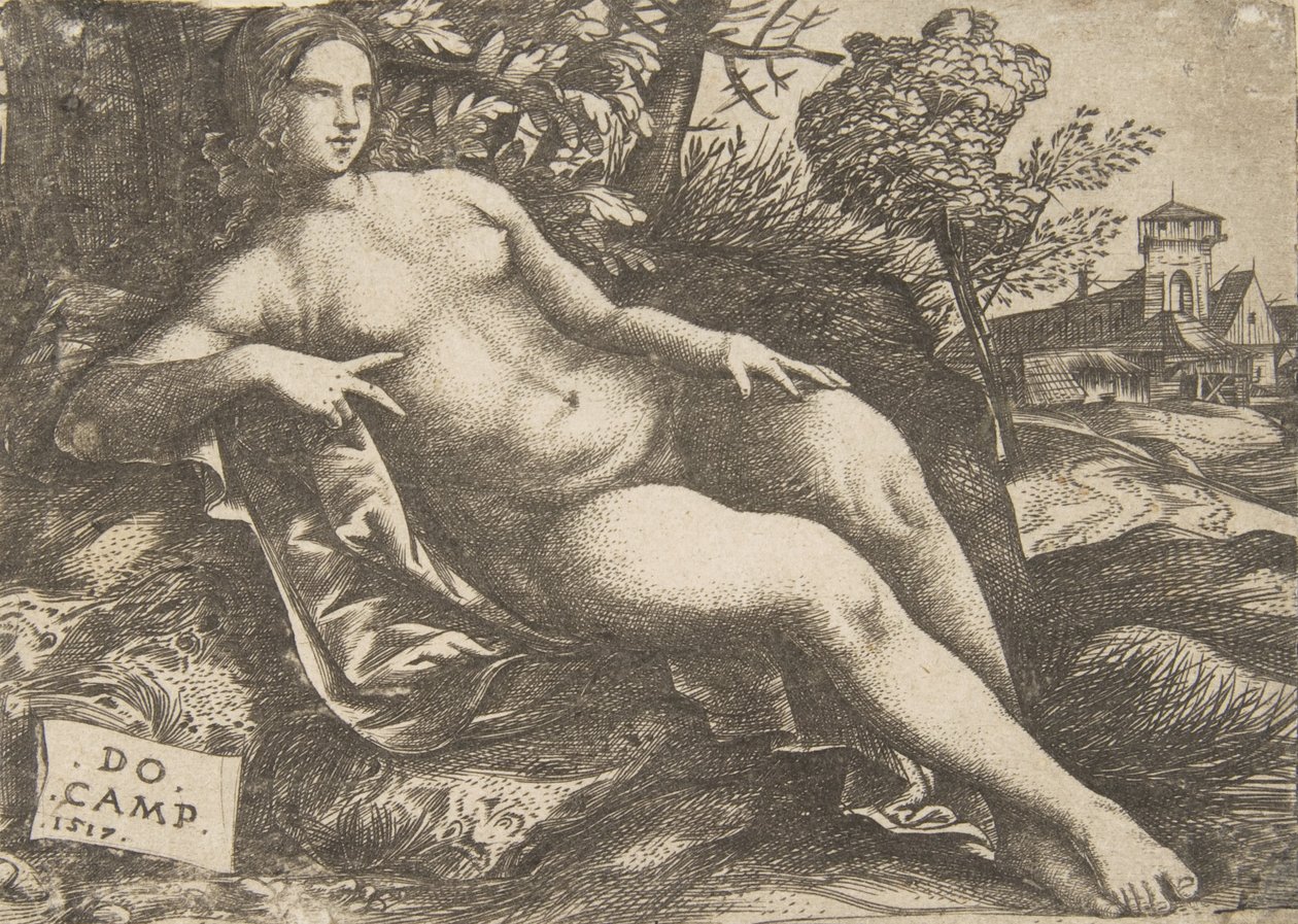 Naakte vrouw Venus liggend in een landschap, 1517 door Domenico Campagnola