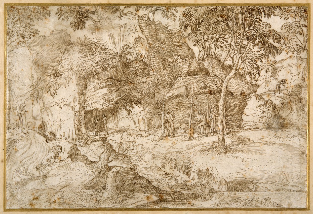 Pelgrims bezoeken Sint Hiëronymus in de wildernis door Domenico Campagnola
