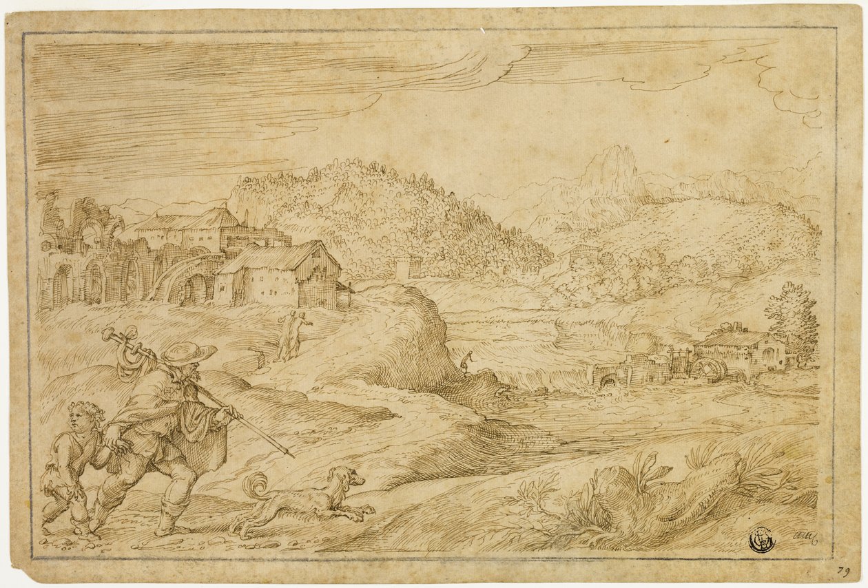 Rivierlandschap met Sint Rochus en een Kind Reizend met Hond door Domenico Campagnola