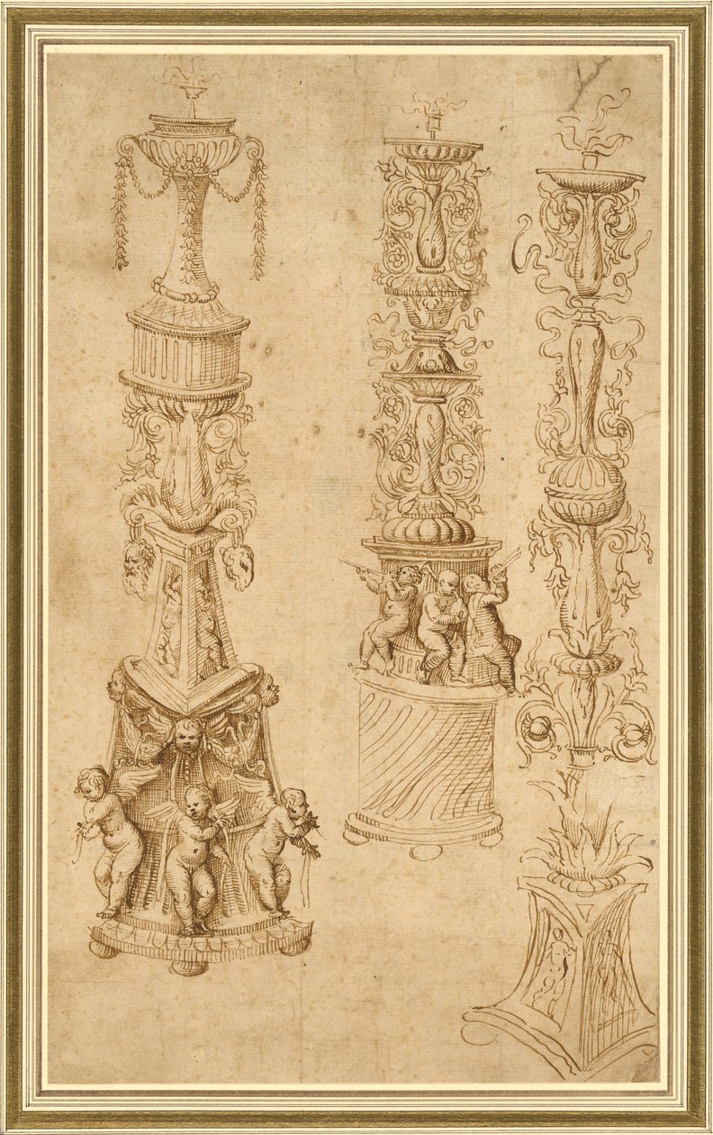 Studies van drie kandelaars door Domenico Campagnola