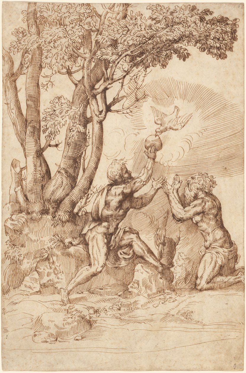 De Kluizenaar Heiligen Paulus en Antonius Ontvangen Brood van een Duif door Domenico Campagnola