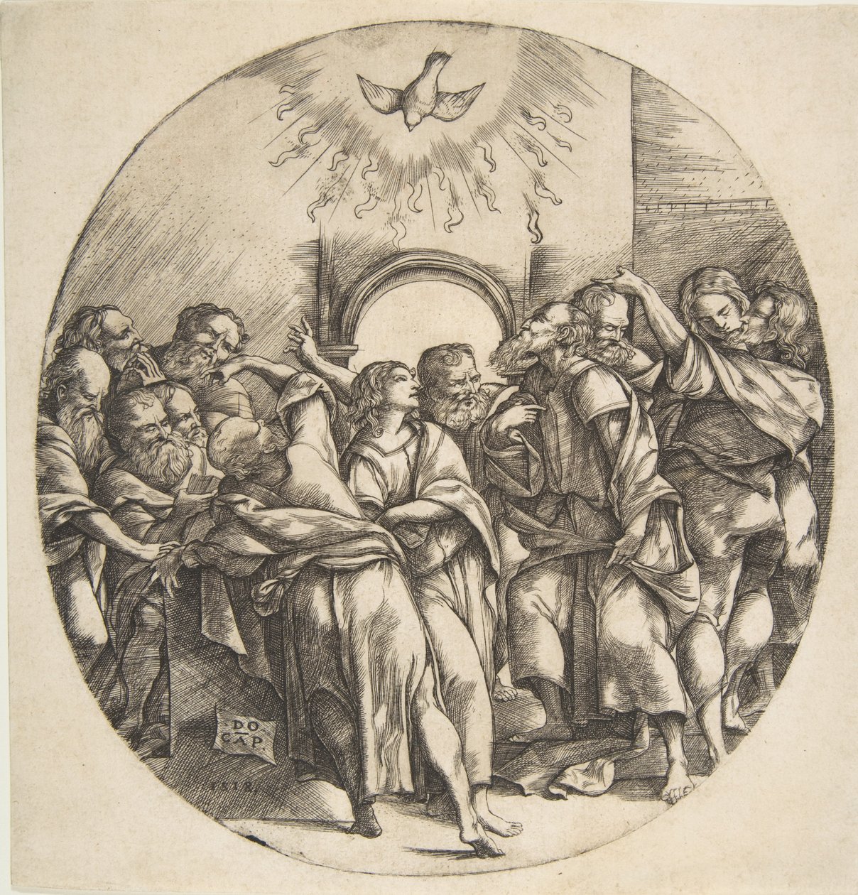 De Heilige Geest als een vogel die neerdaalt met gespreide vleugels bovenaan, de twaalf apostelen, 1518 door Domenico Campagnola