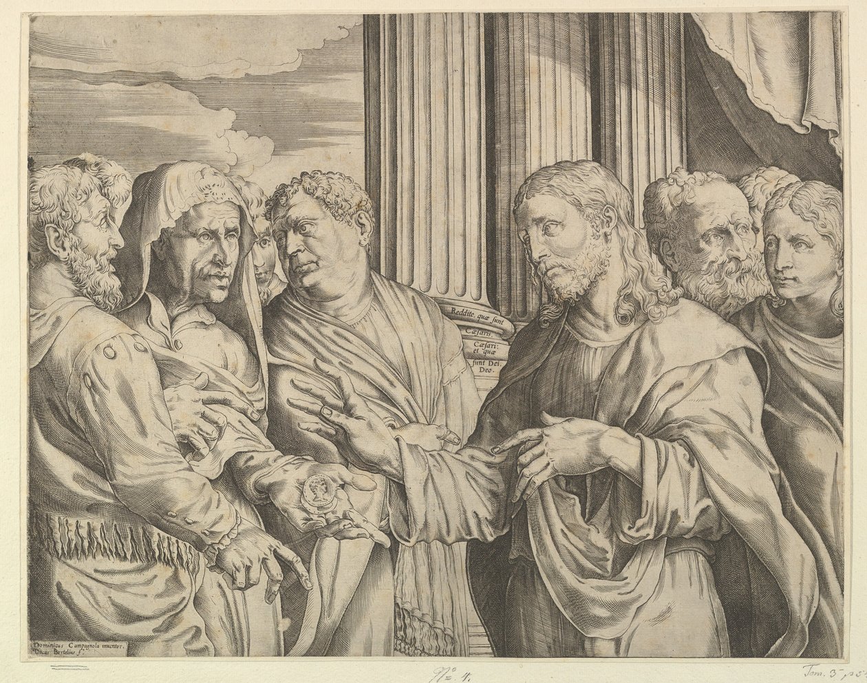 Het belastinggeld: Christus in het midden rechts wijzend naar een man links van hem met munten, ca. 1564-89 door Domenico Campagnola