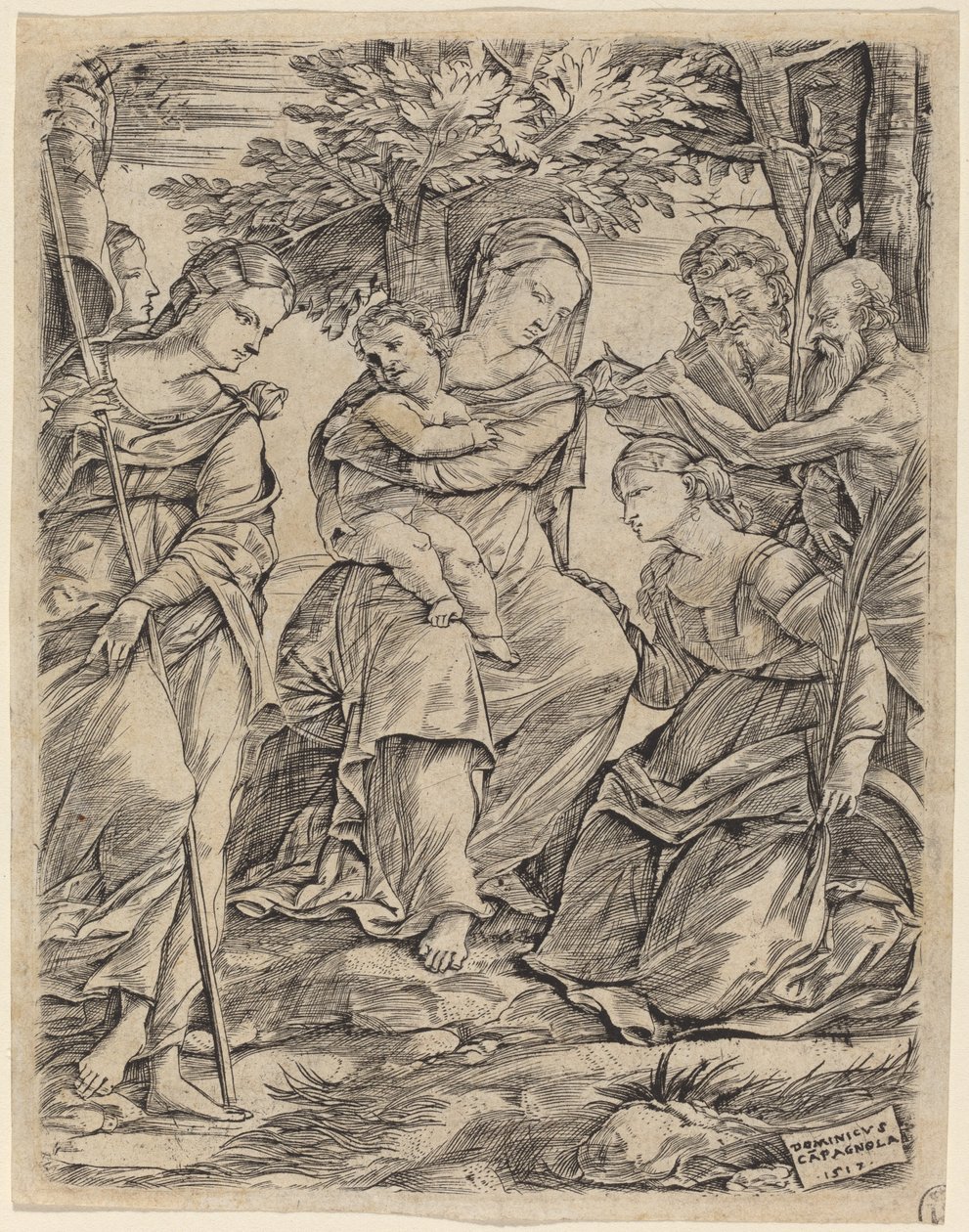 De Maagd en Kind met Heiligen door Domenico Campagnola