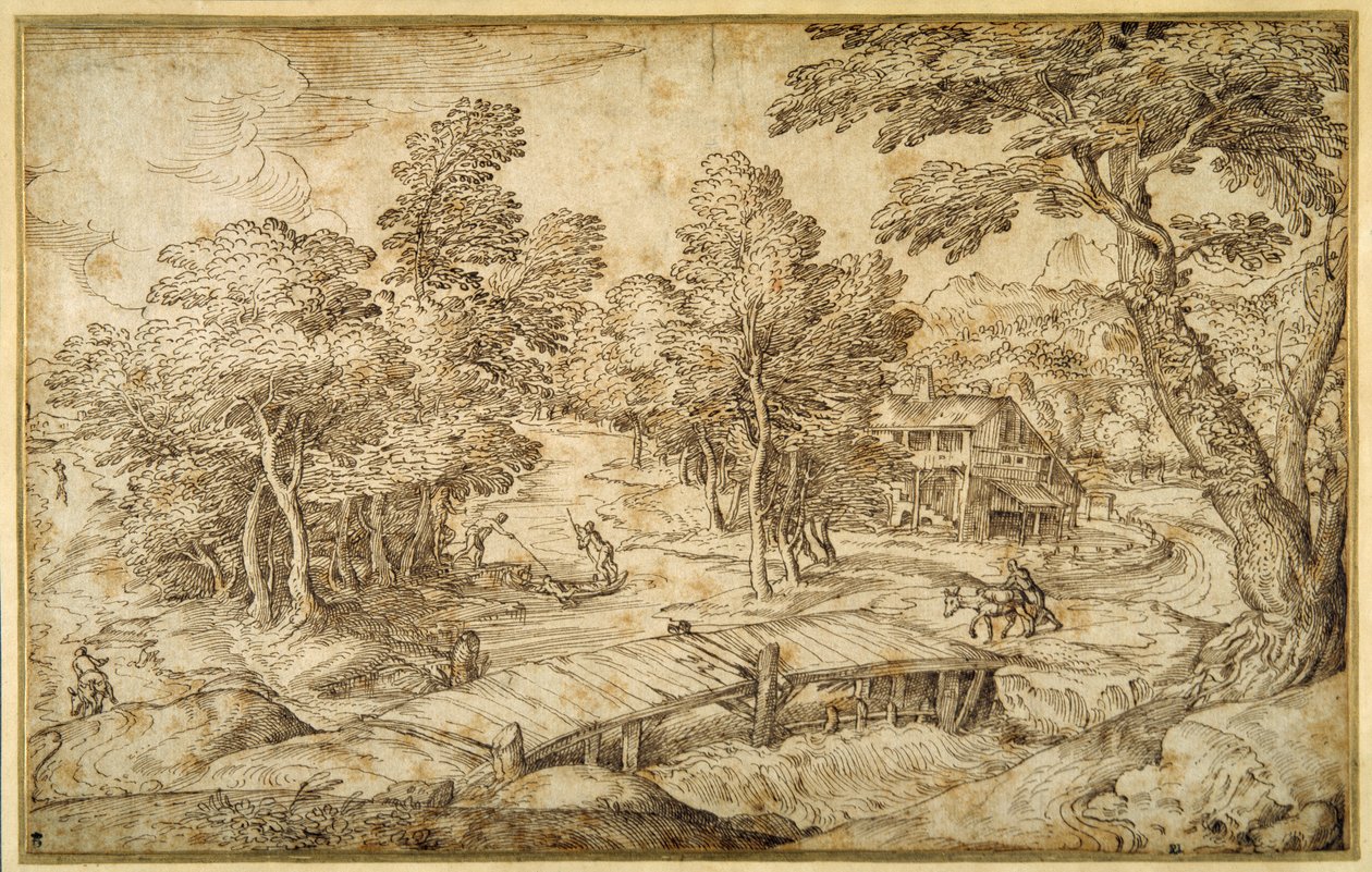 Bosrijk landschap met een boerderij en een houten brug over een sluis door Domenico Campagnola