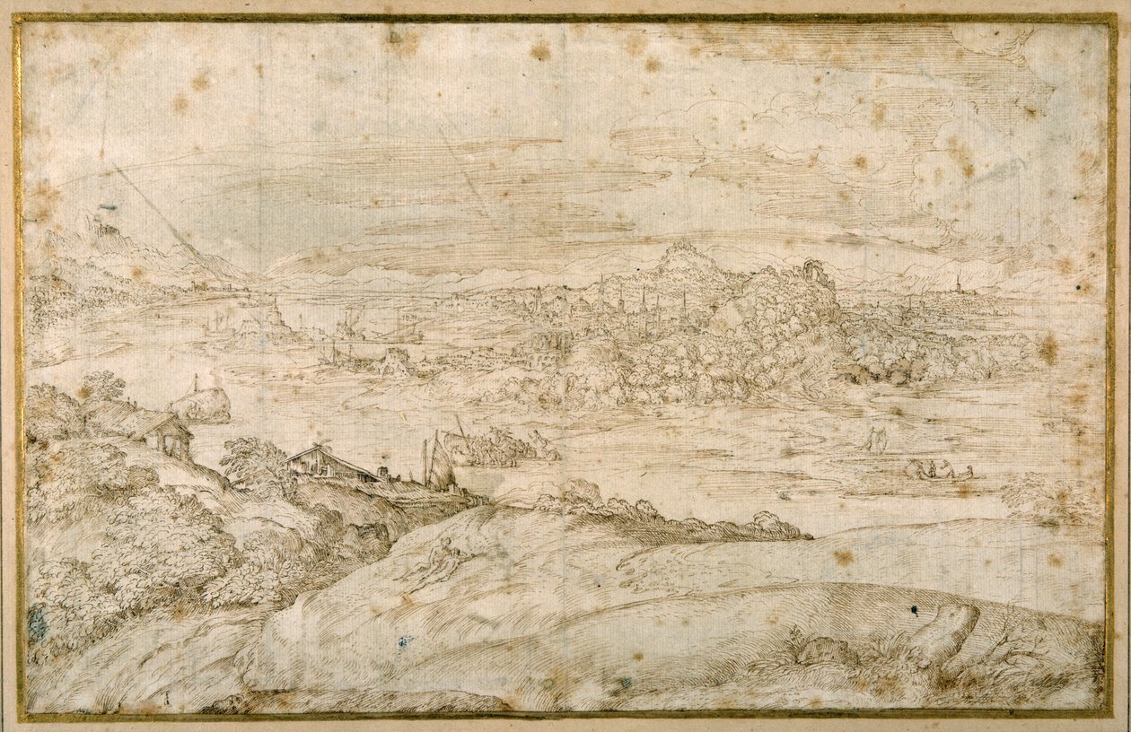 Bosrijk landschap met een kronkelende rivier; in de verte een stad, een mengeling van torenspitsen en koepels met antieke ruïnes door Domenico Campagnola