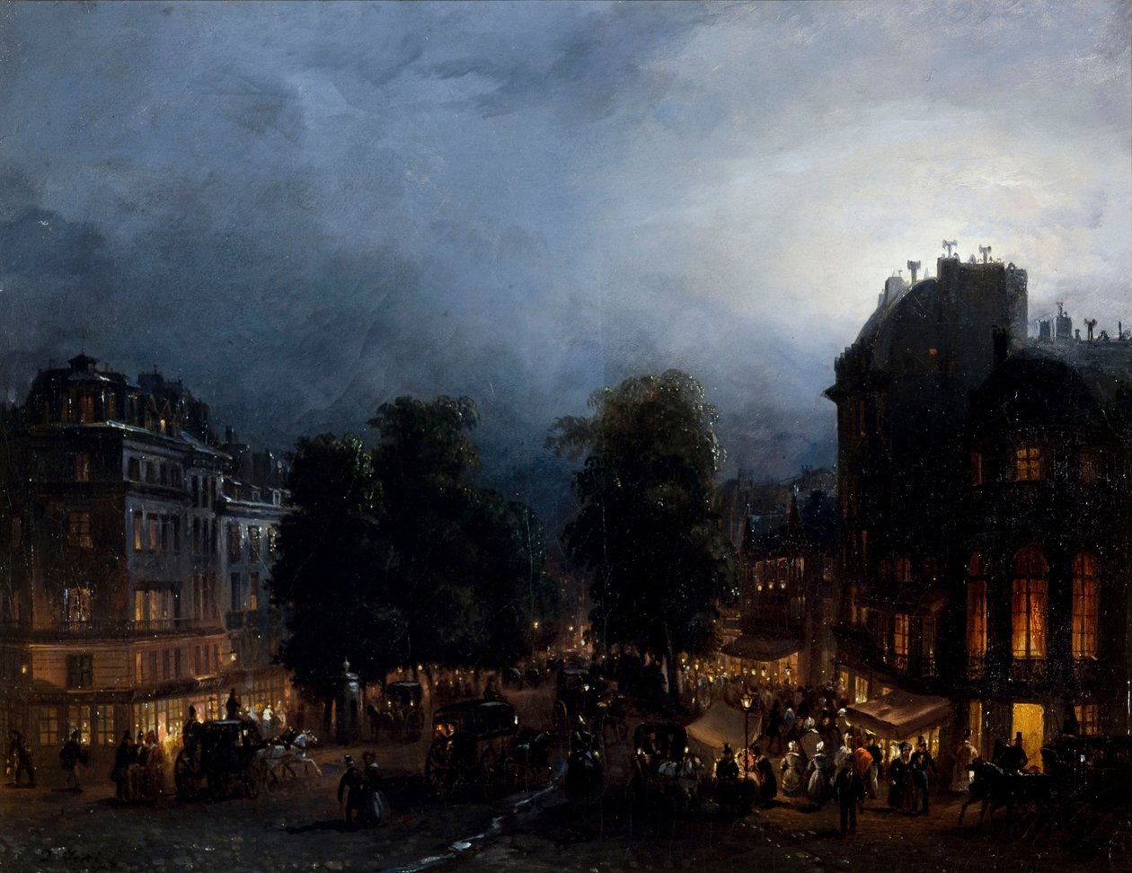 Boulevard des italiens bij nacht (1835) door Domenico Ferri door Domenico Ferri
