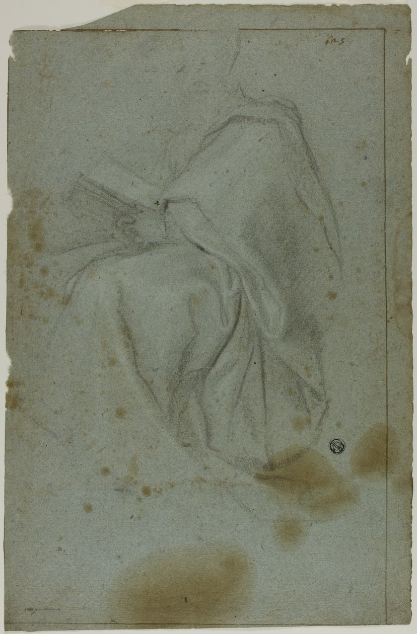 Zittende Gedrapeerde Mannelijke Figuur met Boek (recto); Twee Zittende Vrouwen met Schets van Linkerhand (verso) door Domenico Fiasella