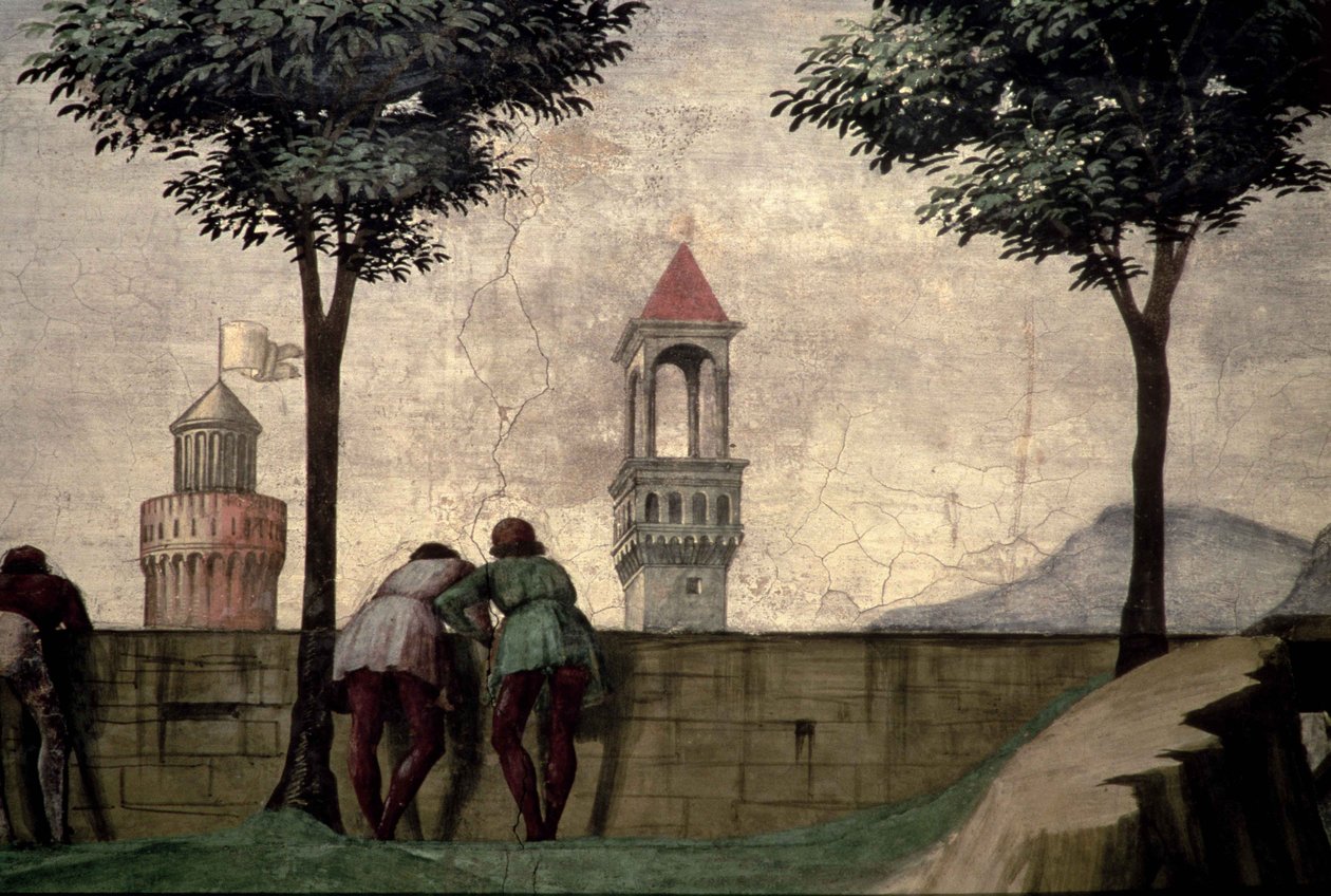 Mannen die over een muur kijken, uit de Visitatie door Domenico Ghirlandaio