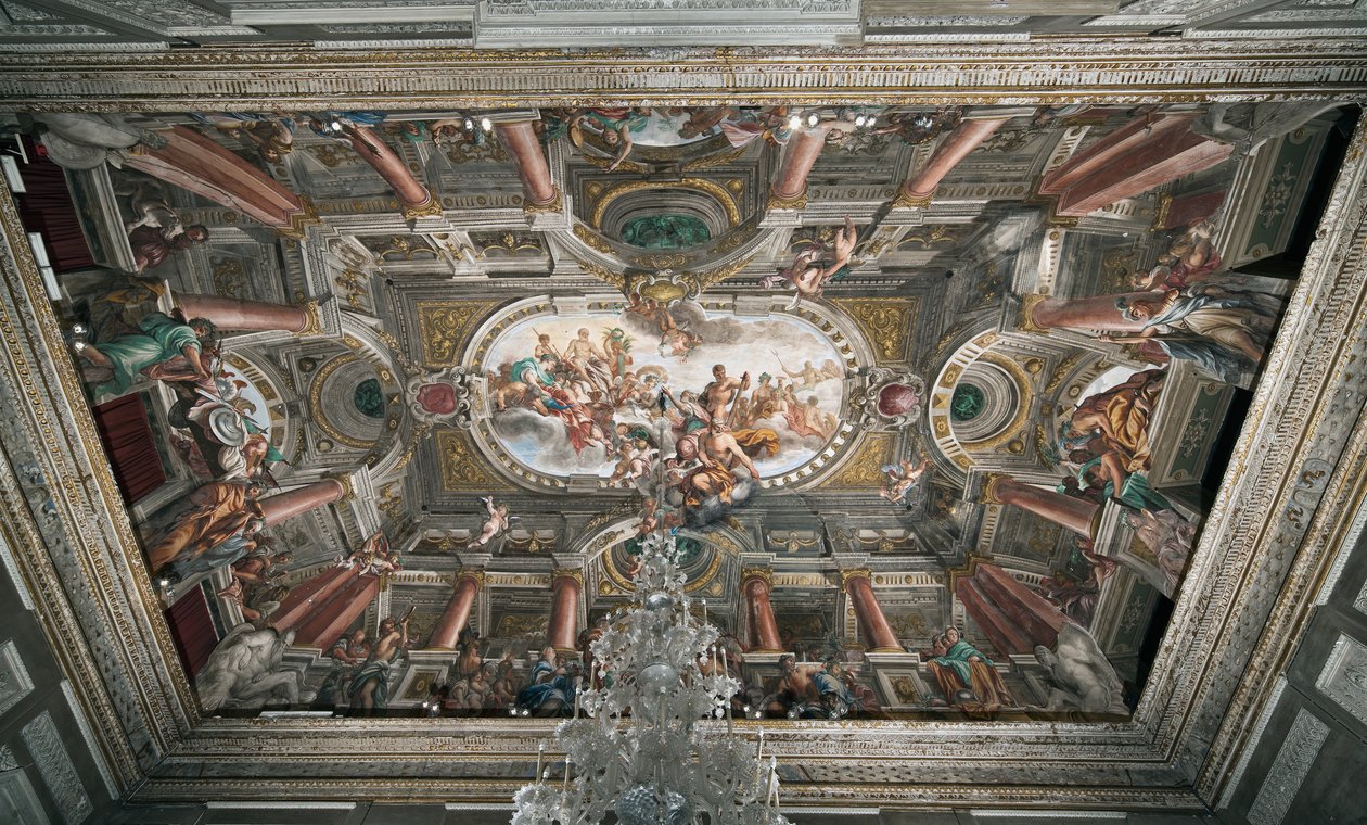 Het aanbod aan Jupiter van de sleutels van de Tempel van Janus (of Allegorie van Vrede), plafond van de edele verdieping, c.1665 door Domenico I Piola