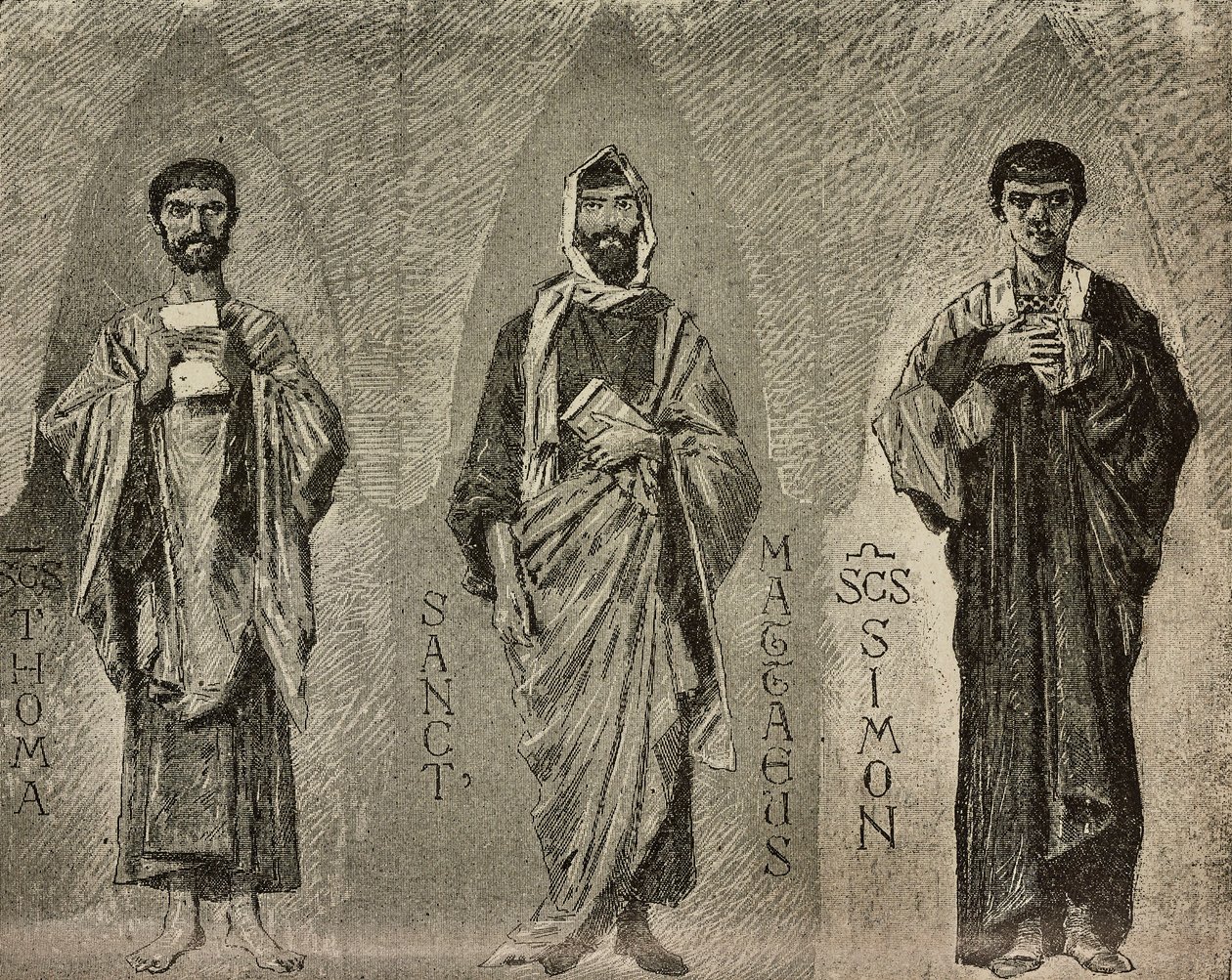 Heiligen Thomas, Matteüs en Simon, cartoons door Domenico Morelli voor mozaïek in de kathedraal van Amalfi, Italië, tekening door P. Scoppetta, gravure uit L