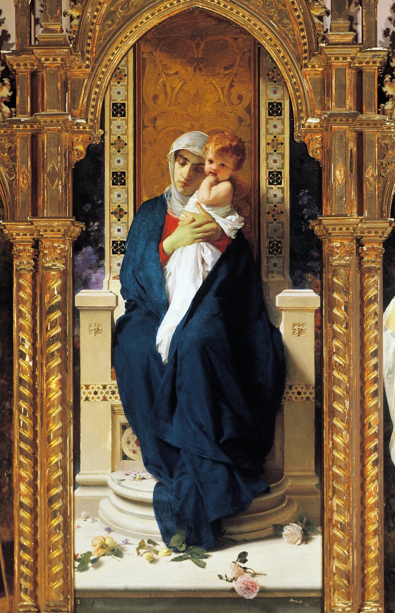 Drieluik van Madonna van Rozen, door Domenico Morelli (1823-1901), (detail), Kapel van Sint-Augustinus, Kasteel van Corigliano Calabro, Calabrië, Italië door Domenico Morelli