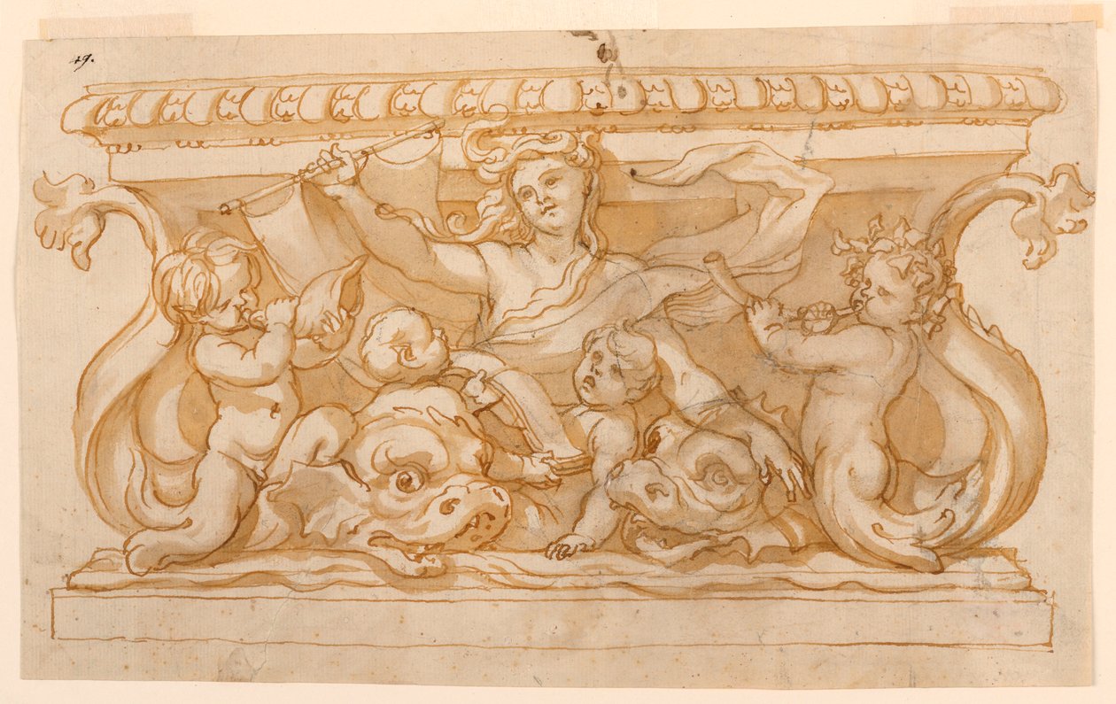 Tekening, Fonteinbekken, 1650-75 door Domenico Piola