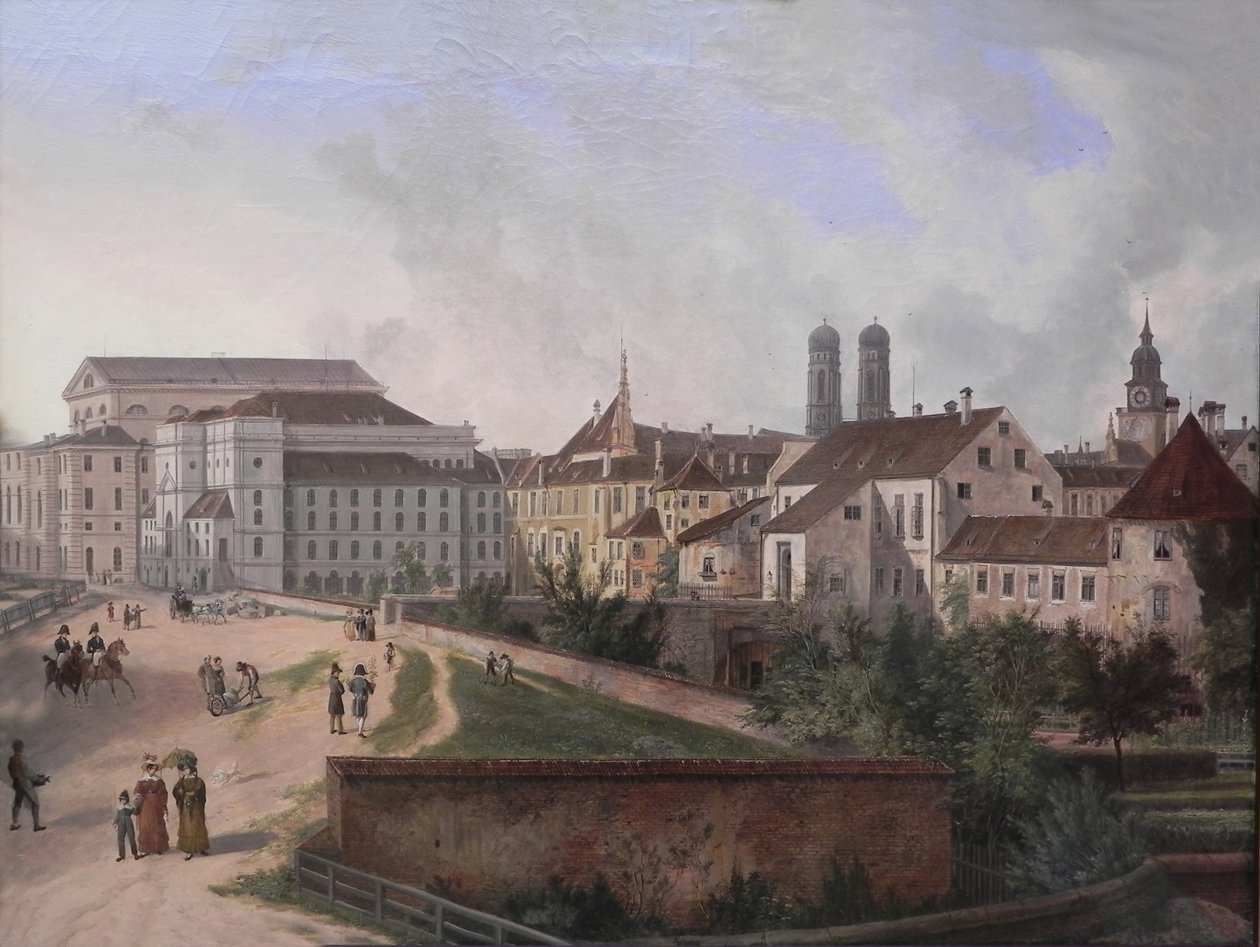 Duits: Die Königliche Residenz von Nordosten im Jahr 1827 De koninklijke residentie in München vanuit het noordoosten in 1827 door Domenico Quaglio the Younger