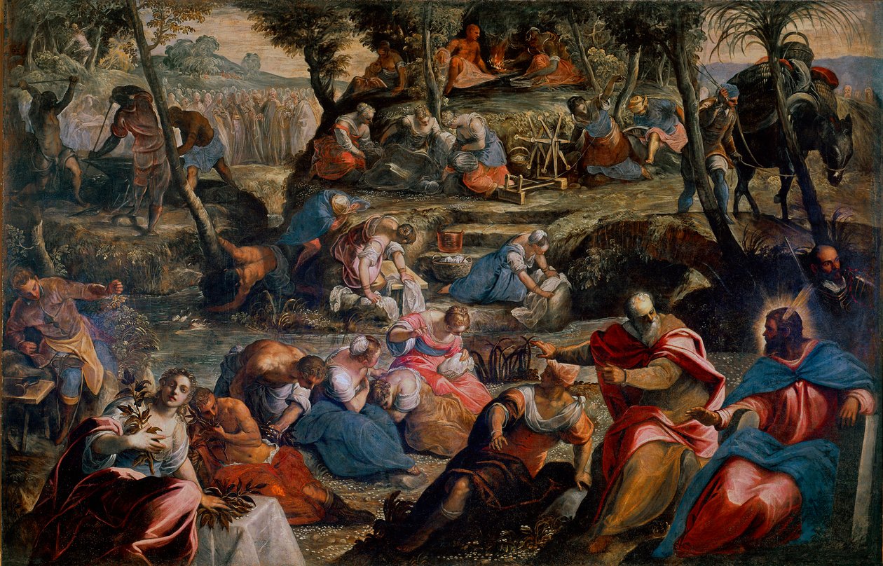 De verzameling van manna (Joden in de woestijn). Scène uit het Oude Testament: God voedt de Israëlieten die zouden sterven van de honger met kwarteleitjes en manna. Rechts Aaron en Mozes. Schilderij door Jacopo Robusti, genaamd Tintoretto door Domenico Robusti Tintoretto