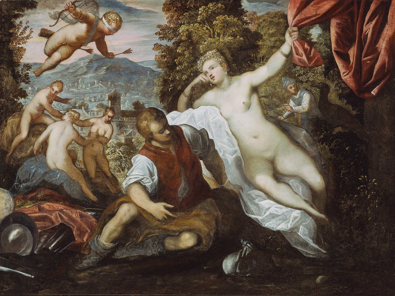 Venus en Mars met Cupido en de Drie Gratiën in een Landschap door Domenico Robusti Tintoretto