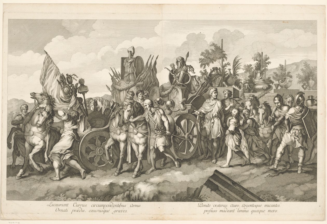 Militaire stoet met oorlogsbuit op kar Triomftocht van Alexander de Grote in Babylon door Domenico Rossetti