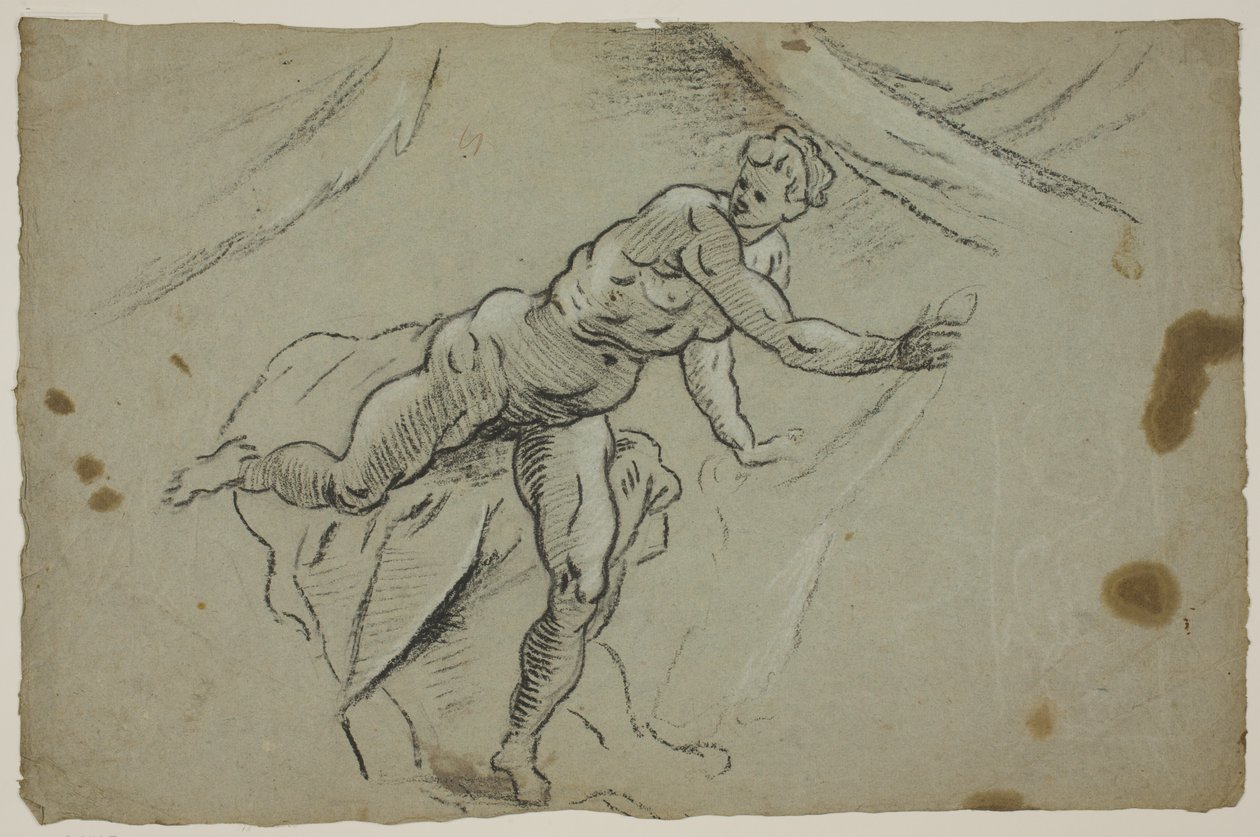 Naakte vrouw met een stuk stof in haar handen die haastig een tent verlaat door Domenico Tintoretto