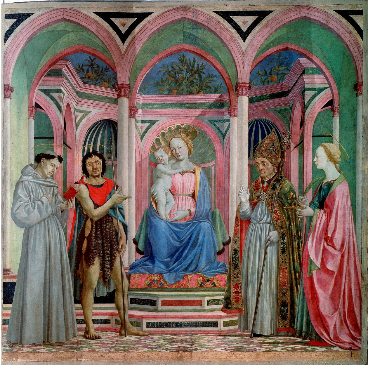 Altaarstuk van Santa Lucia dei Magnoli: Madonna en Kind met Sint Lucia, Sint Franciscus, Johannes de Doper en Sint Zanobi door Domenico Veneziano