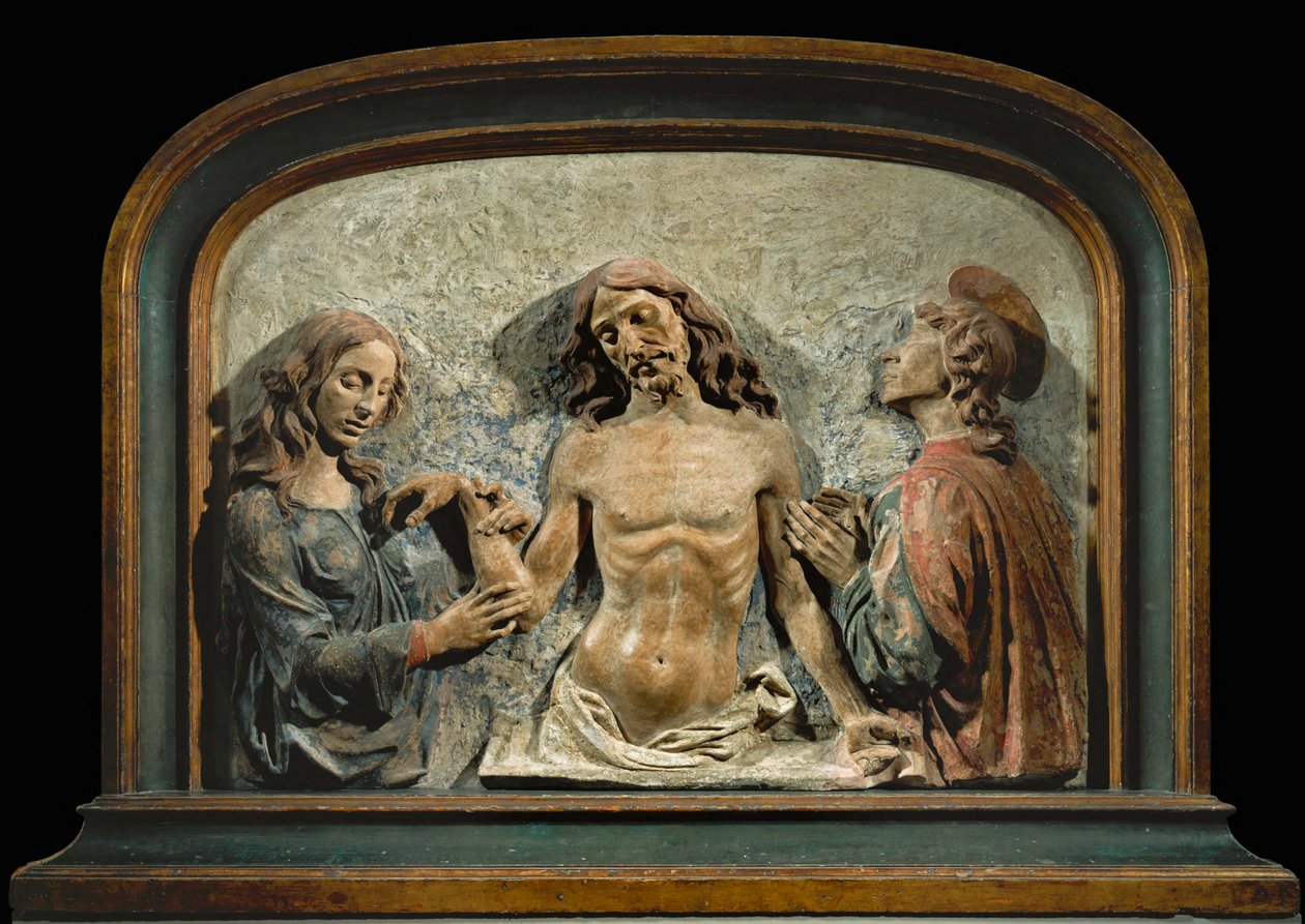 De dode Christus aanbeden door de heilige Johannes Evangelist en de heilige Maria Magdalena ... door Domenico di (15th century) Paris