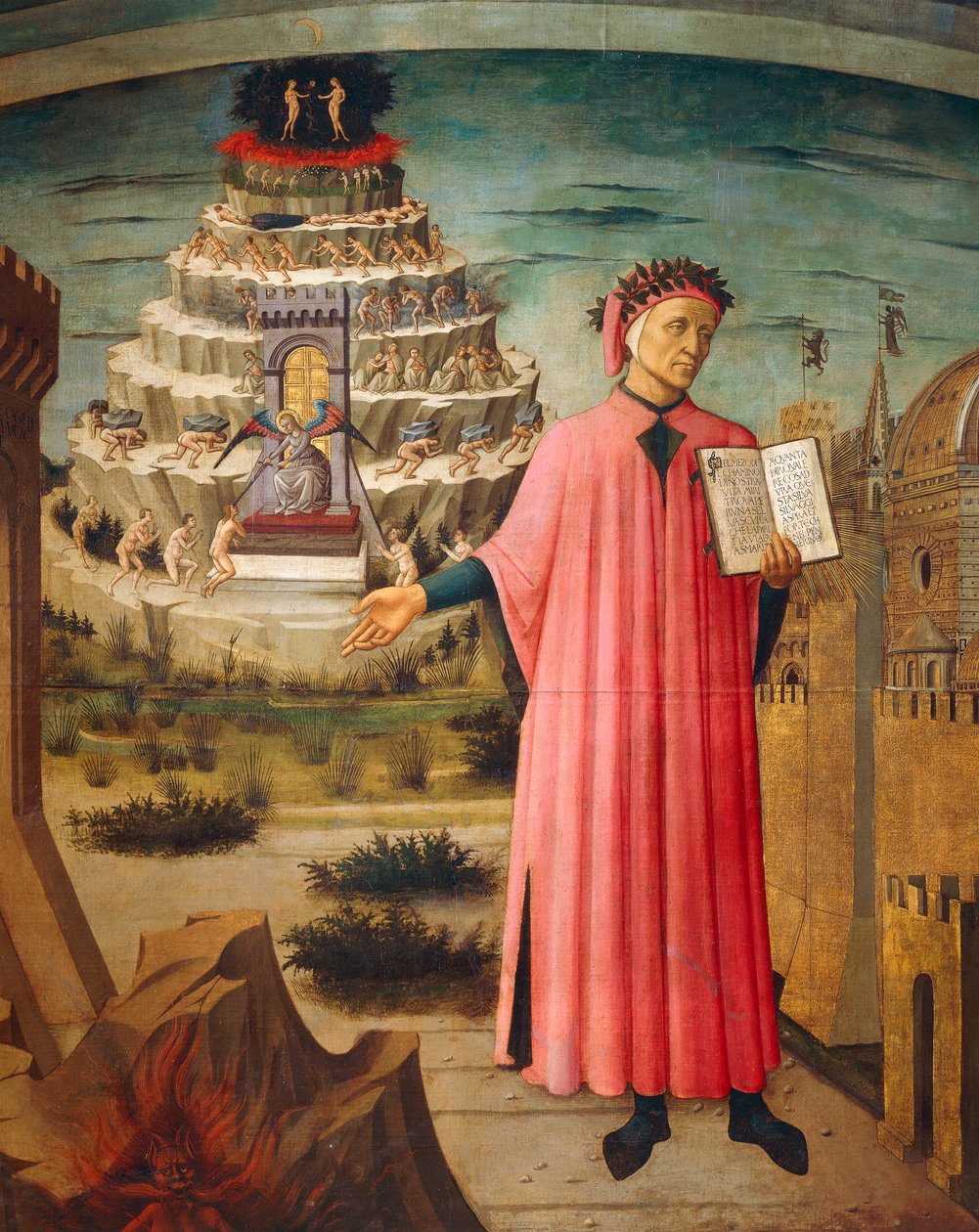 Dante Alighieri met de Goddelijke Komedie in zijn hand en bergen van het vagevuur op de achtergrond, detail van de Goddelijke Komedie, door Dante Alighieri, door Domenico di Michelino, fresco, Basiliek van Santa Maria del Fiore, Florence. Italië, 1465 door Domenico di Michelino