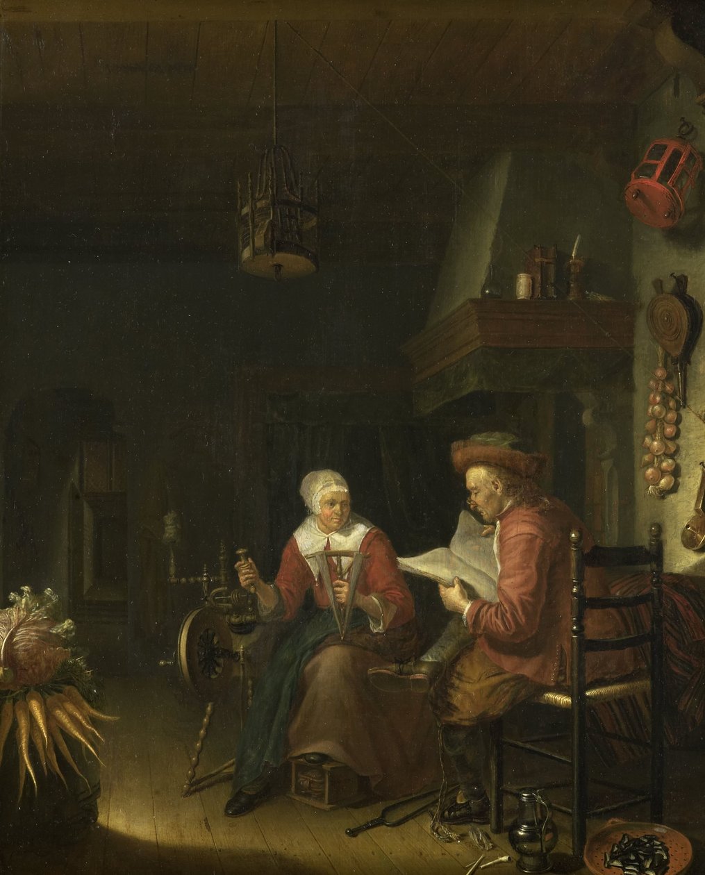 Interieur met een man die leest en een vrouw die garen spint door Domenicus van Tol