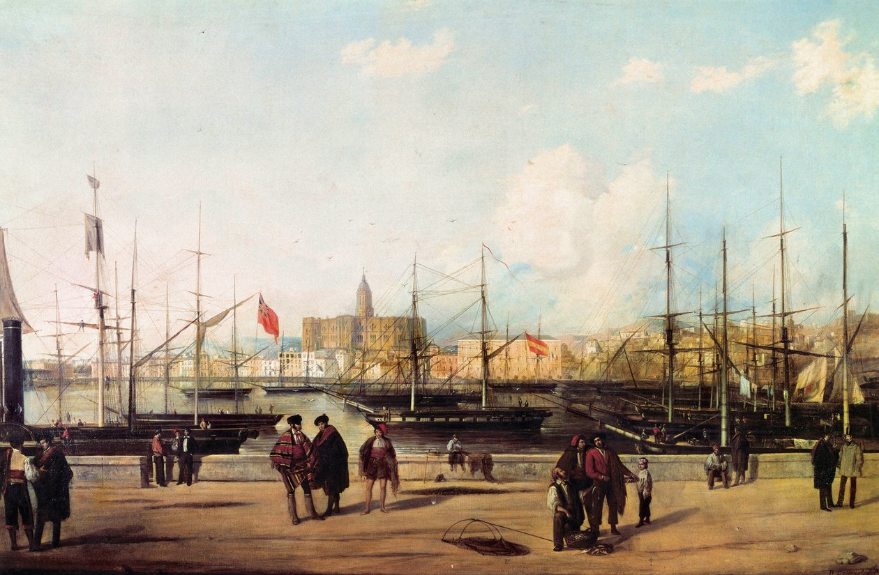 Uitzicht op de haven van Malaga, Spanje door Domingo Gallego y Alvarez