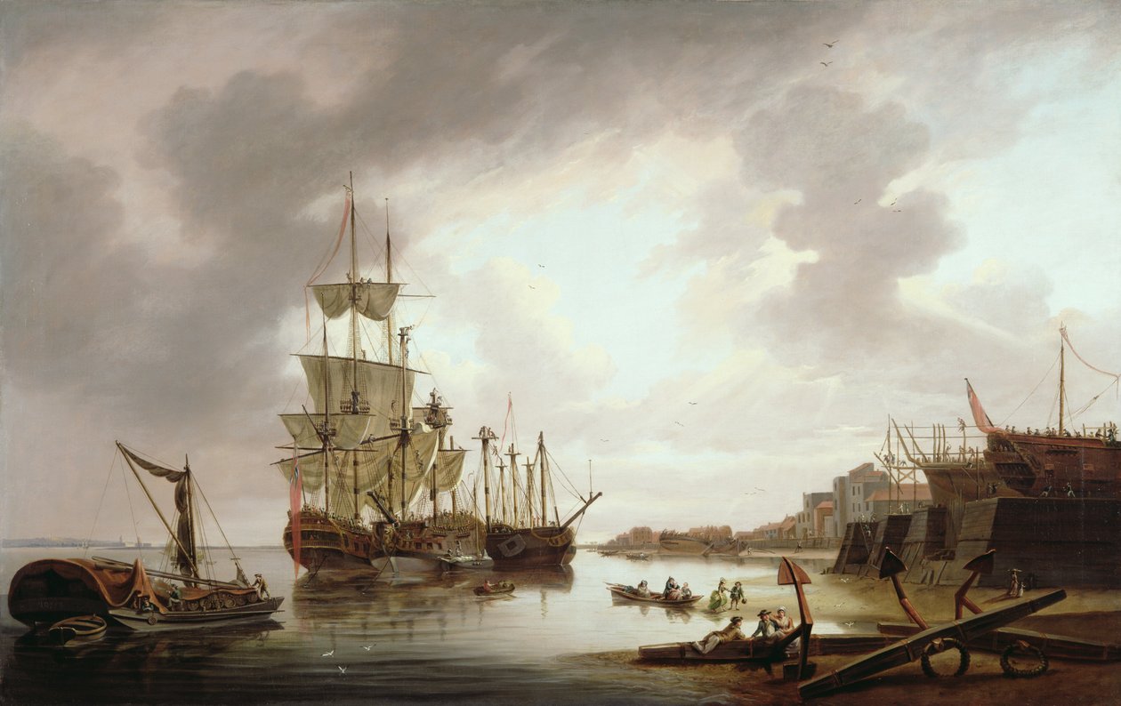 Britse oorlogsschepen voor anker in Blackwall Reach, 1792 door Dominic Serres